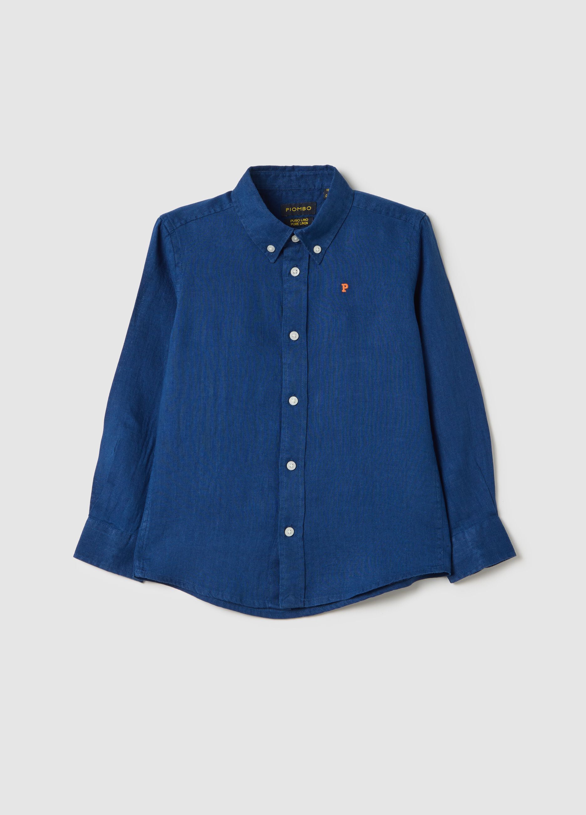 Camicia blu in lino con ricamo logo