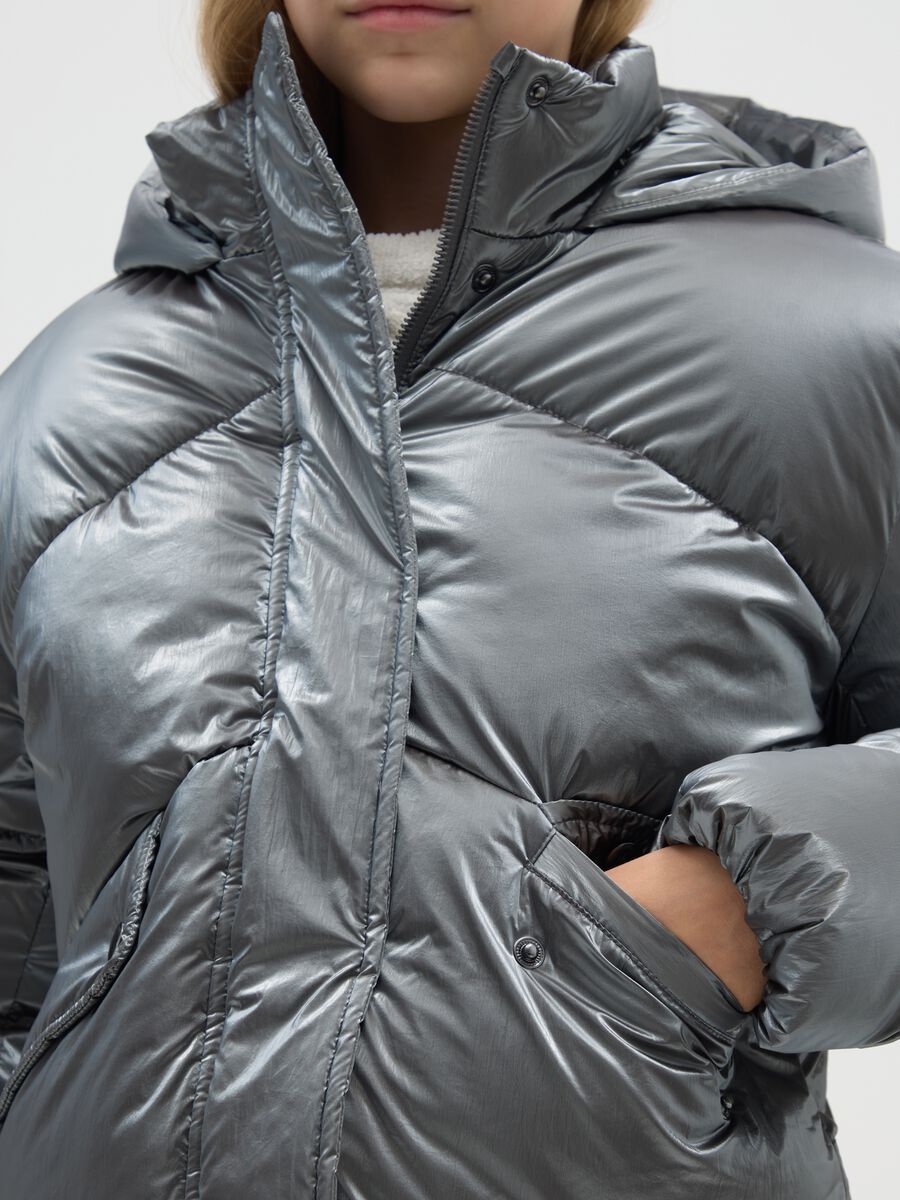 Grey padded regular fit girl's jacket with hood and zip_2