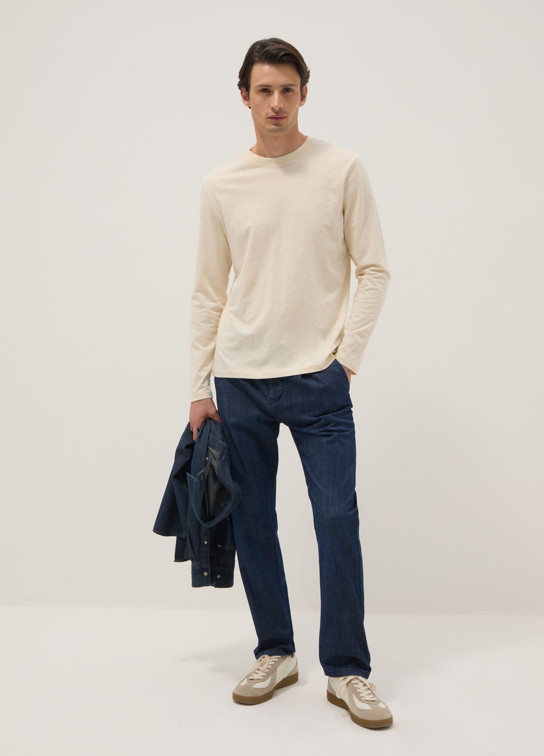 Blue denim chino trousers in stretch cotton, comfort fit