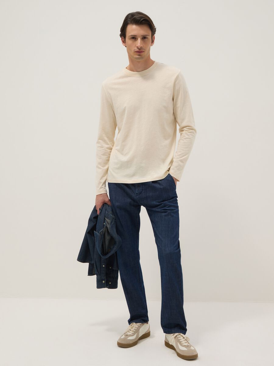 Blue denim chino trousers in stretch cotton, comfort fit_0