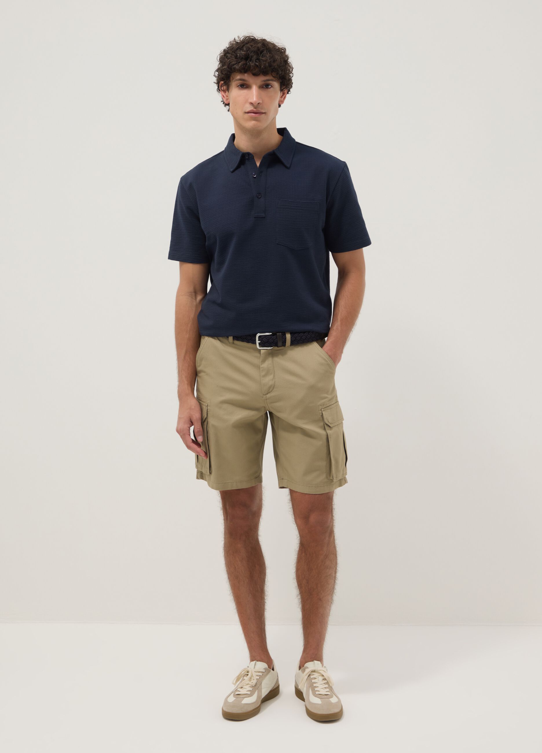 Blue short-sleeved stretch polo shirt