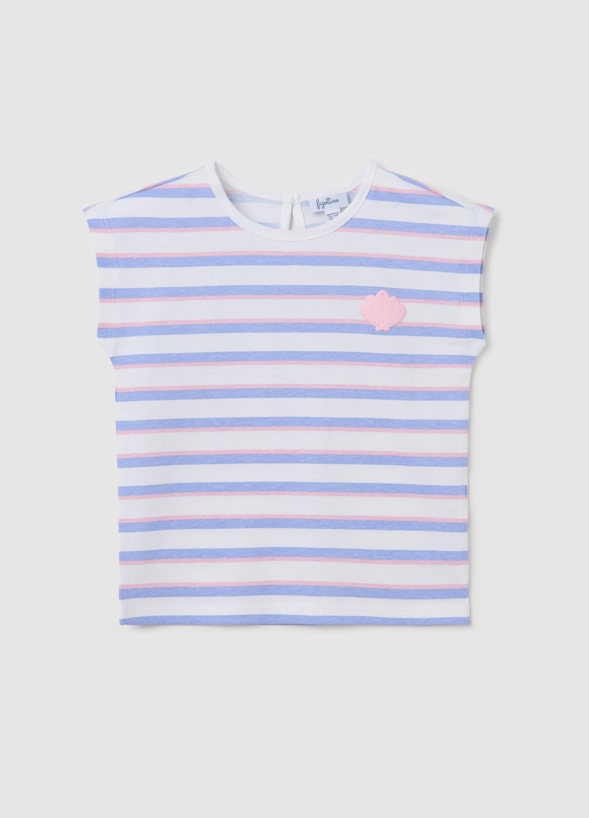 White and pink striped cotton T-shirt with print