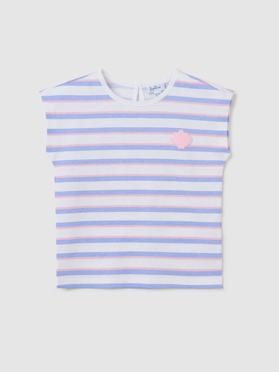 White and pink striped cotton T-shirt with print_0