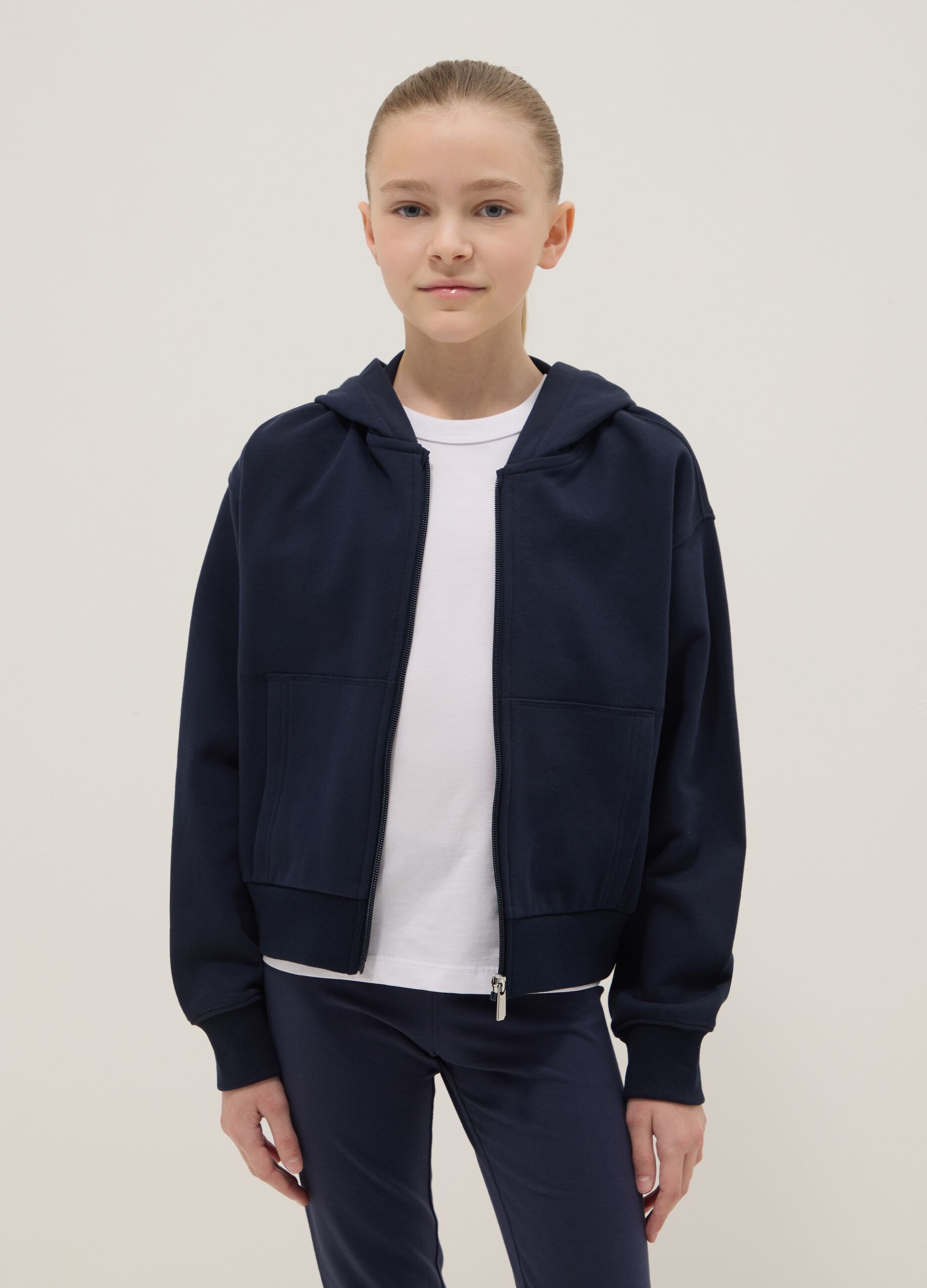 Blue pure cotton hoodie with zip for girls, regular fit