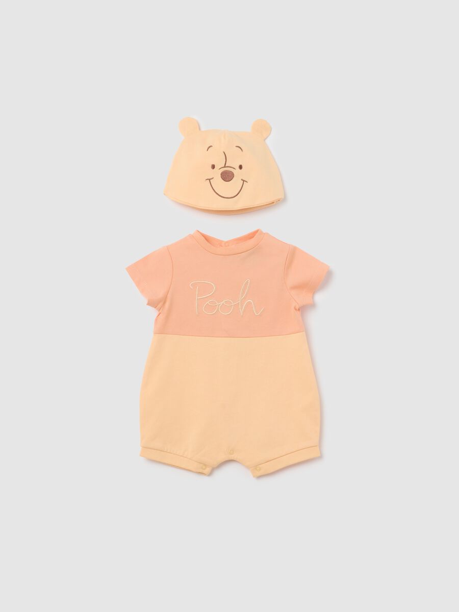 Orange and yellow Winnie the Pooh romper suit and hat set in organic cotton_0