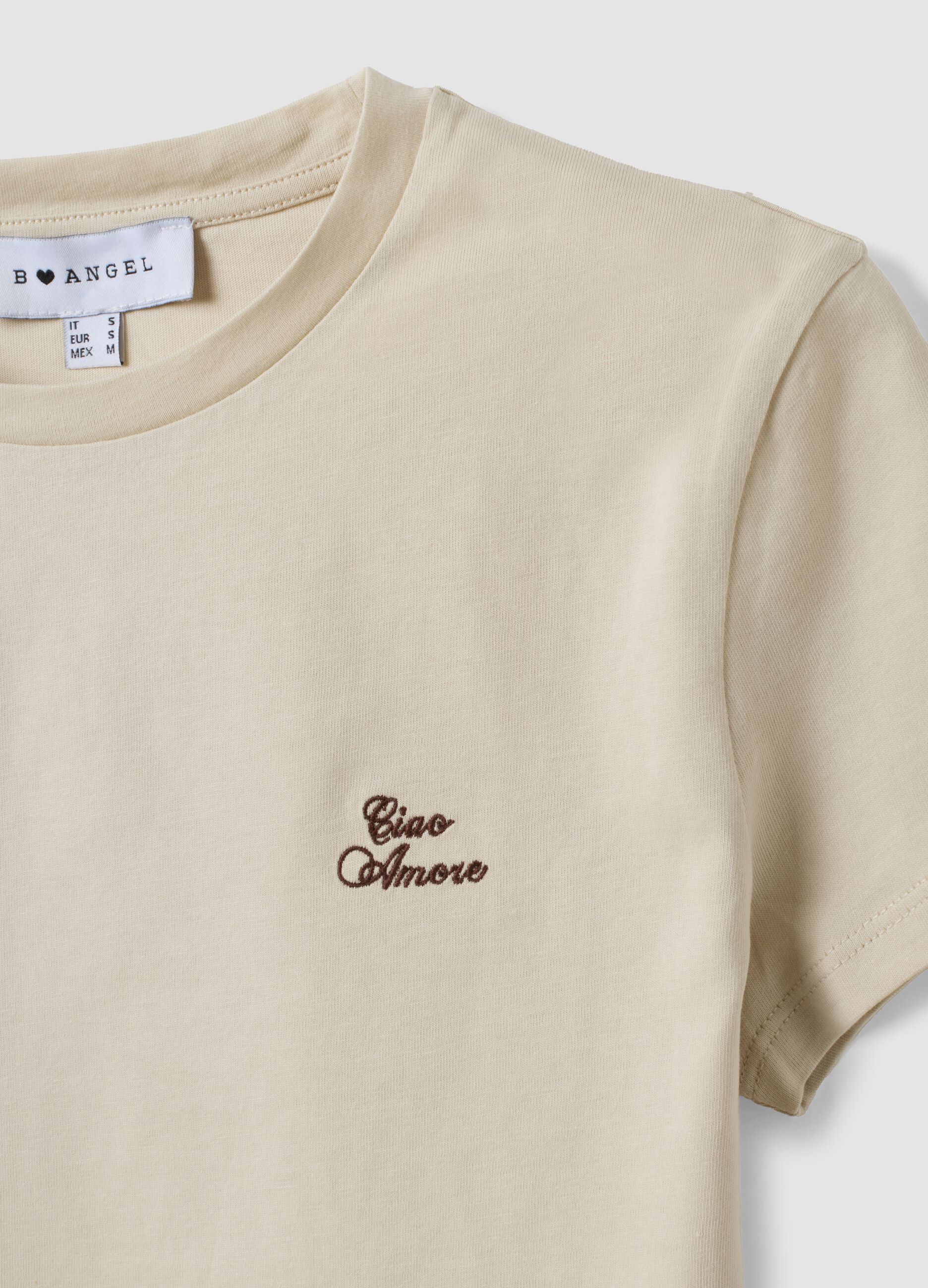 T-shirt crop beige in puro cotone a girocollo con stampa