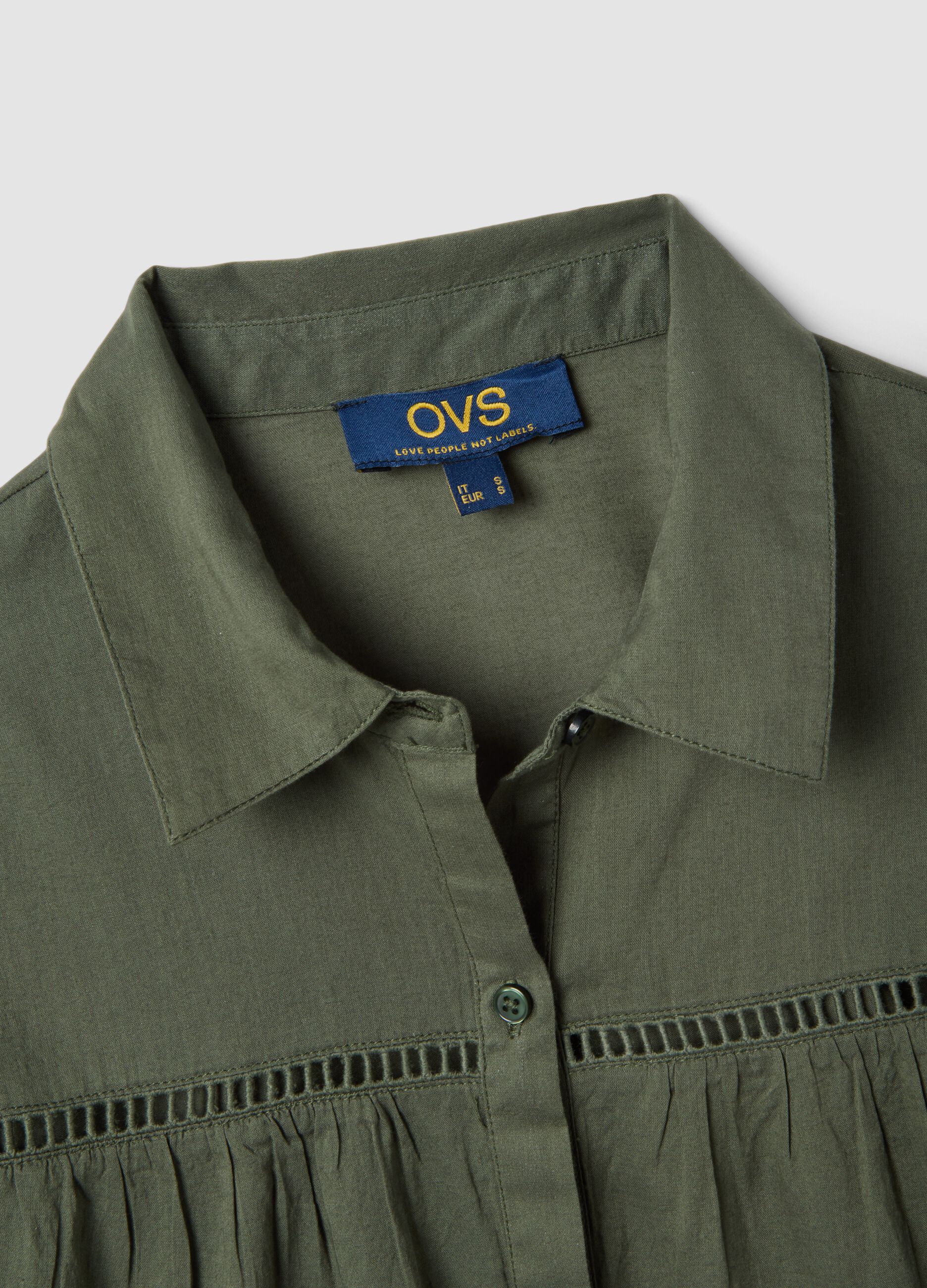 Green pure organic cotton kaftan with ruffles and broderie inserts