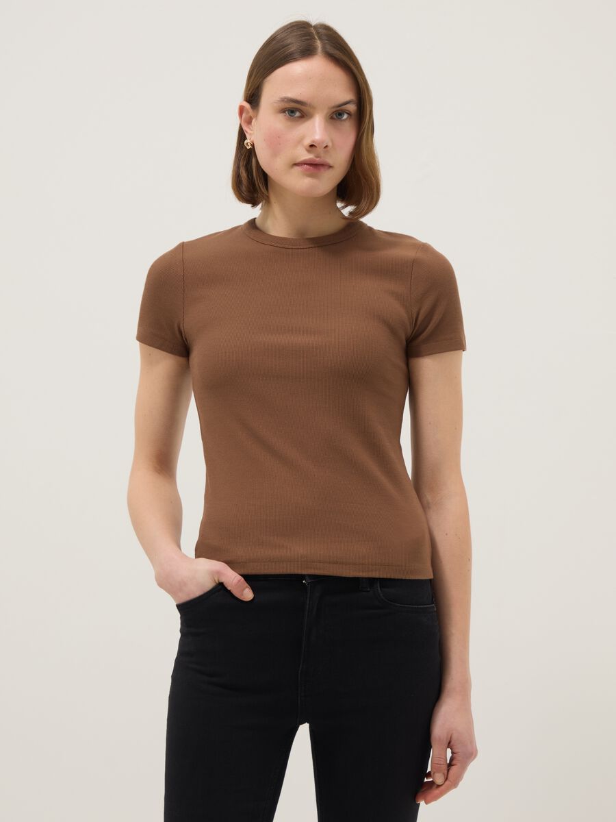 Brown fitted short-sleeve stretch cotton T-shirt_0