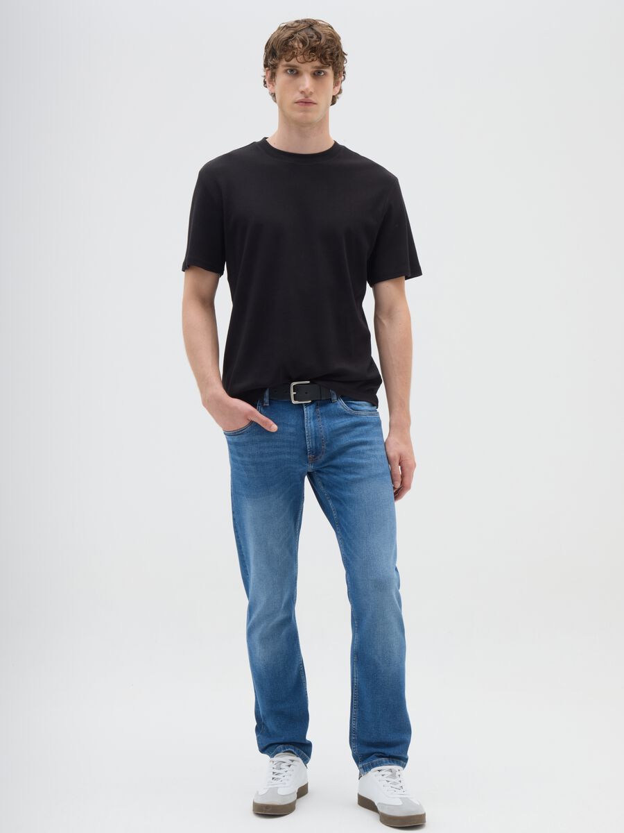 Jeans blu in denim elasticizzato_0