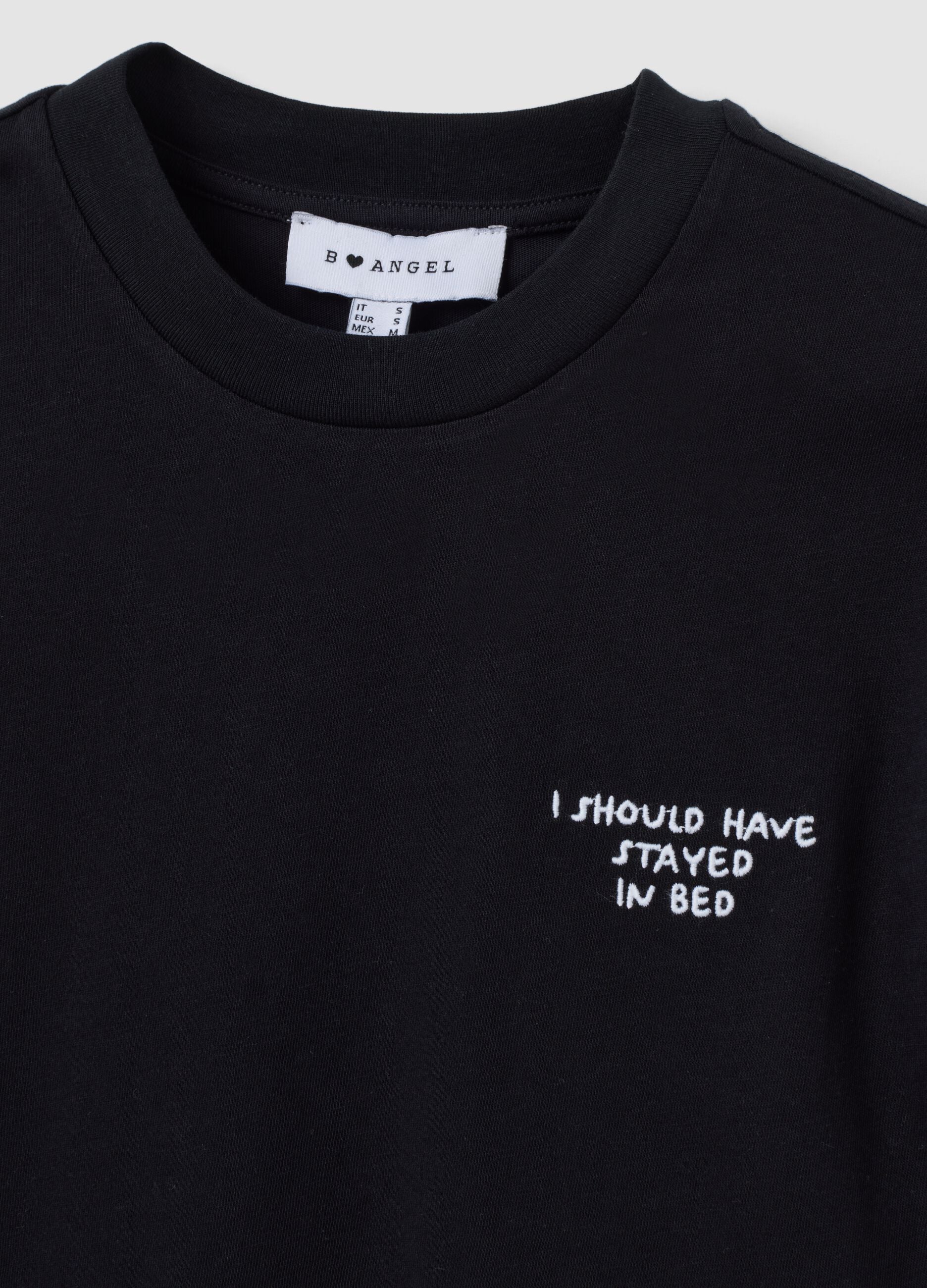 Black relaxed-fit pure cotton T-shirt with embroidered slogan