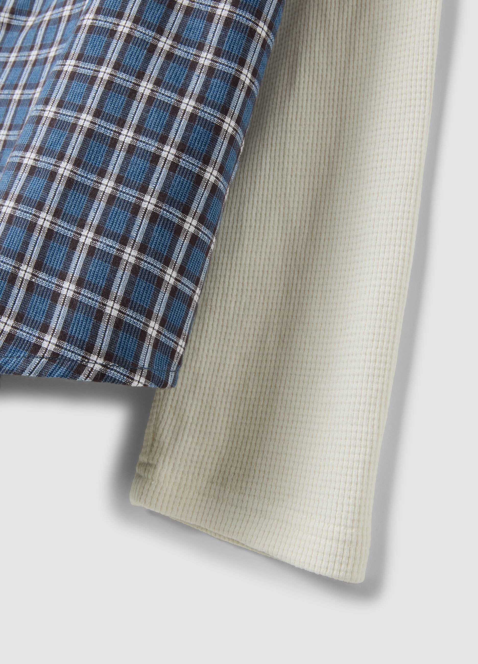 Blue checked cropped pure cotton shirt with layered over-fit sleeves