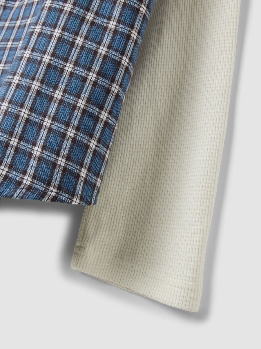 Camicia cropped blu a quadri in puro cotone con maniche doppie over fit_5