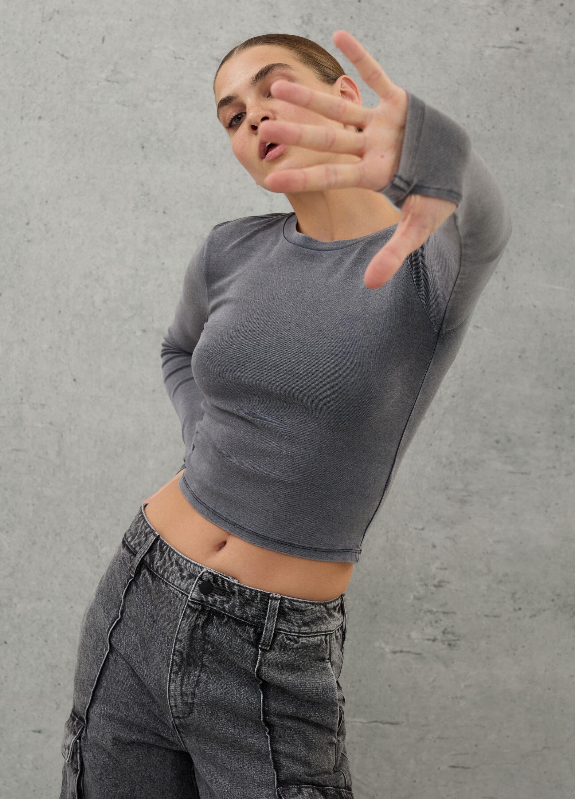 Long-sleeved Crop T-shirt Vintage Grey