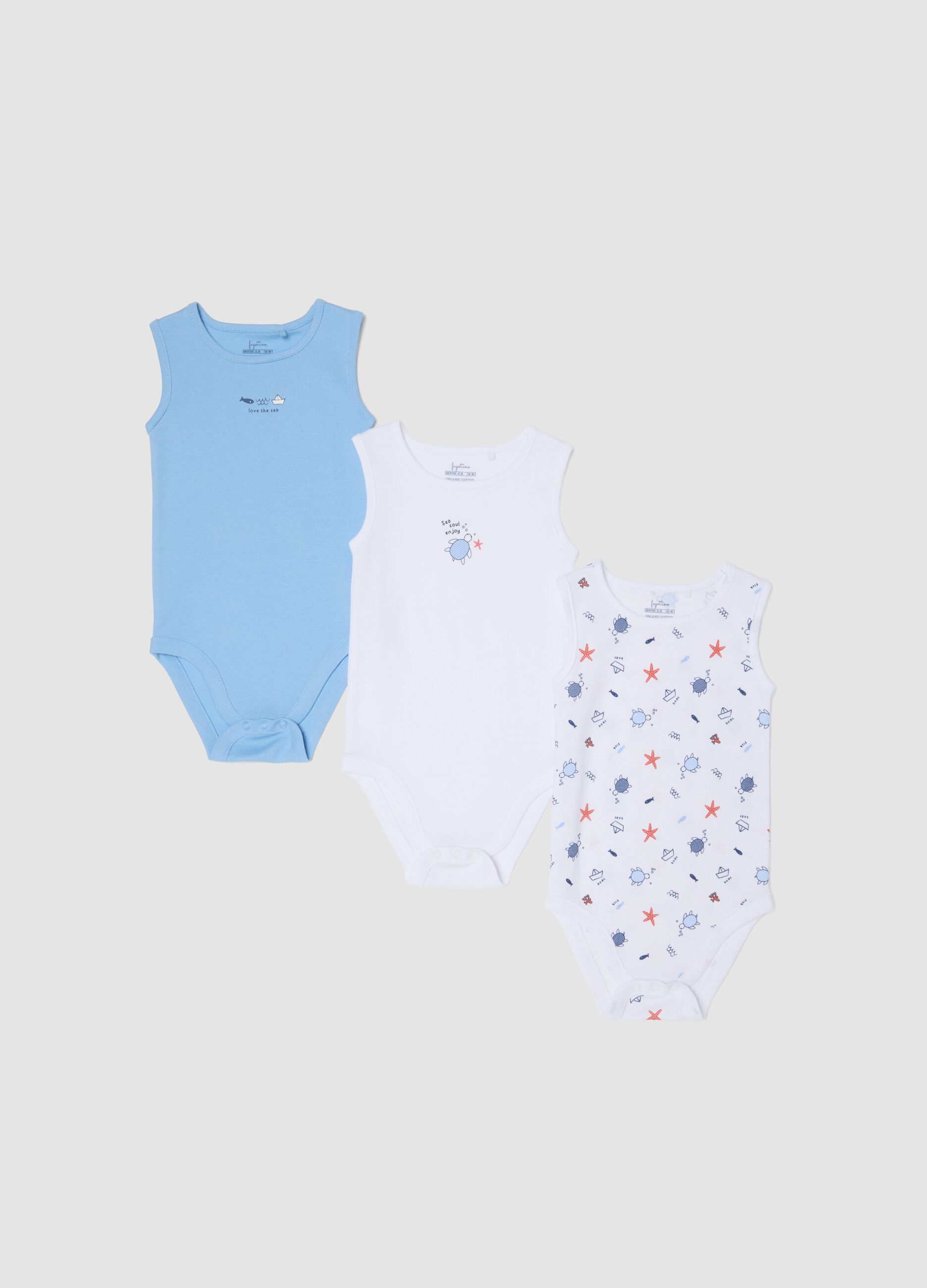 3-pack of blue sleeveless organic cotton bodysuits
