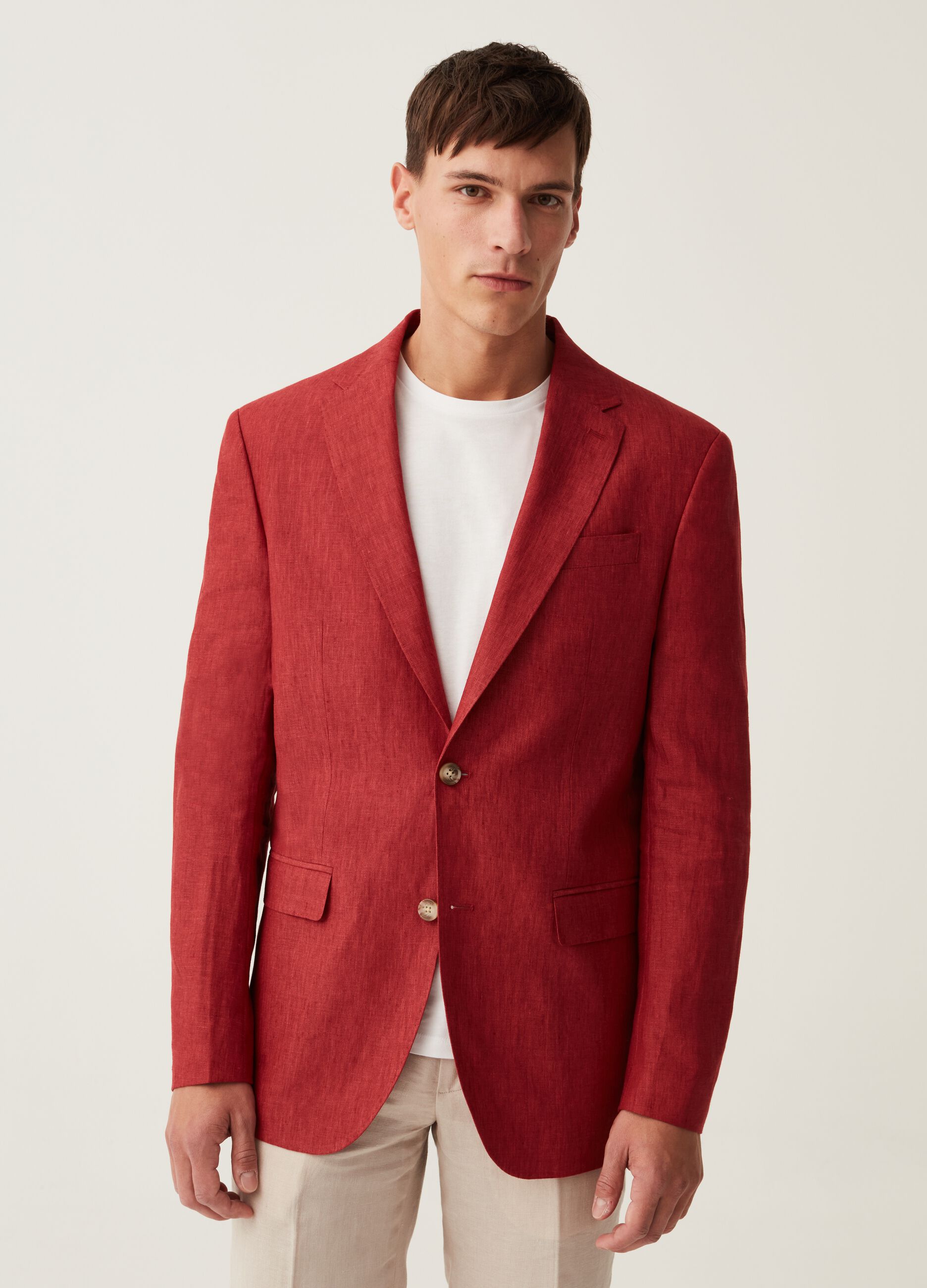 Slim-fit blazer in red mélange yarn-dyed linen