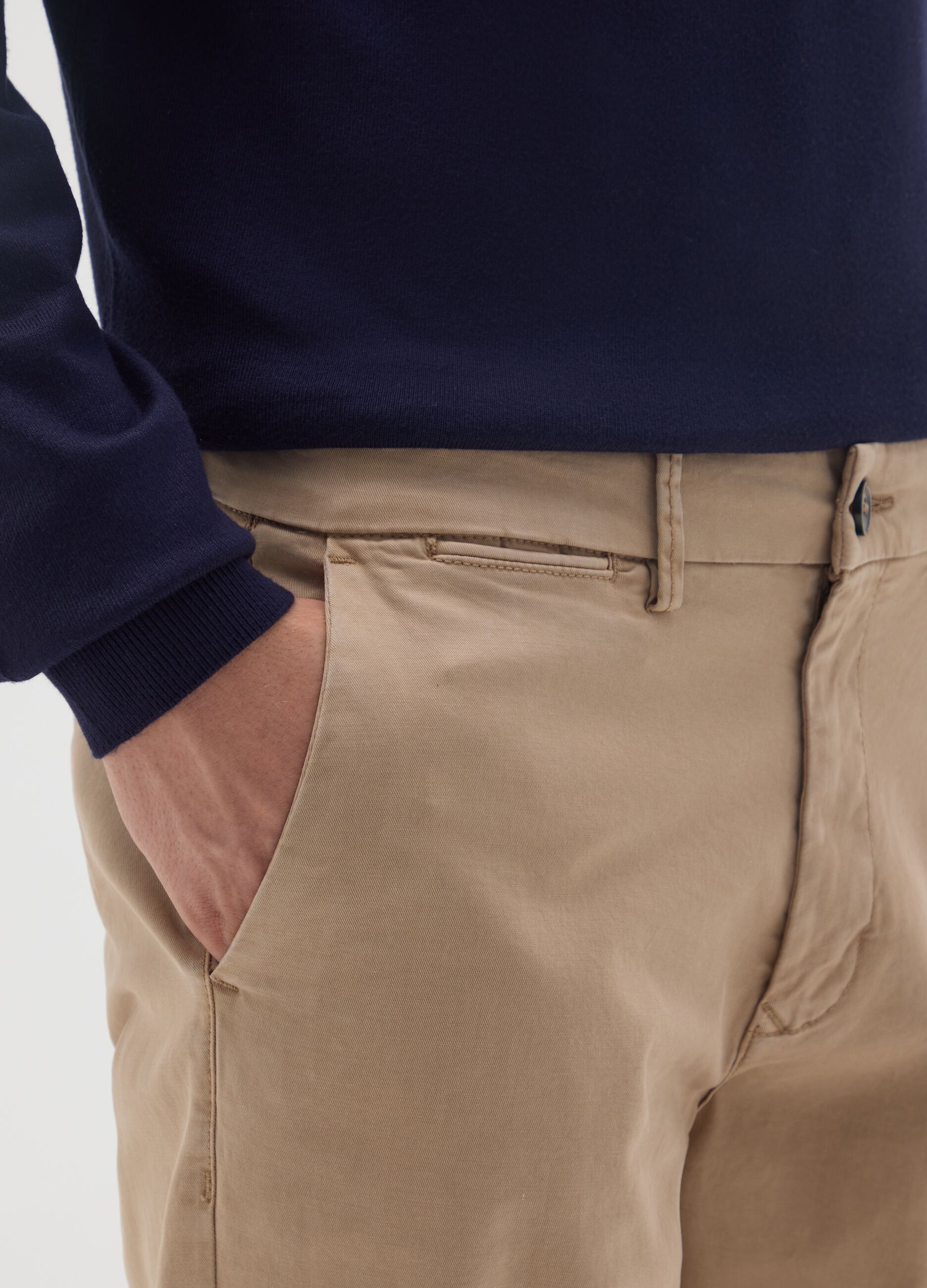 Beige Stretch Cotton Regular Fit Trousers