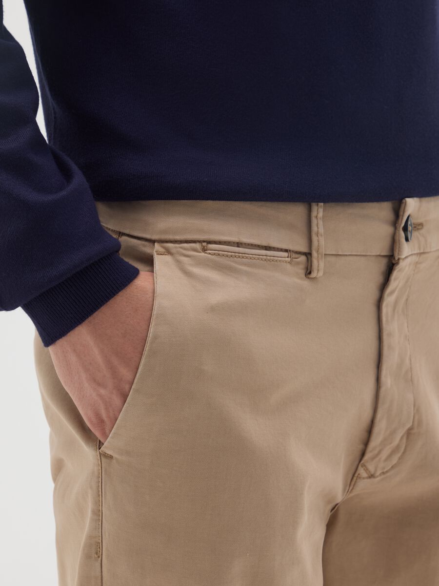 Beige Stretch Cotton Regular Fit Trousers_3