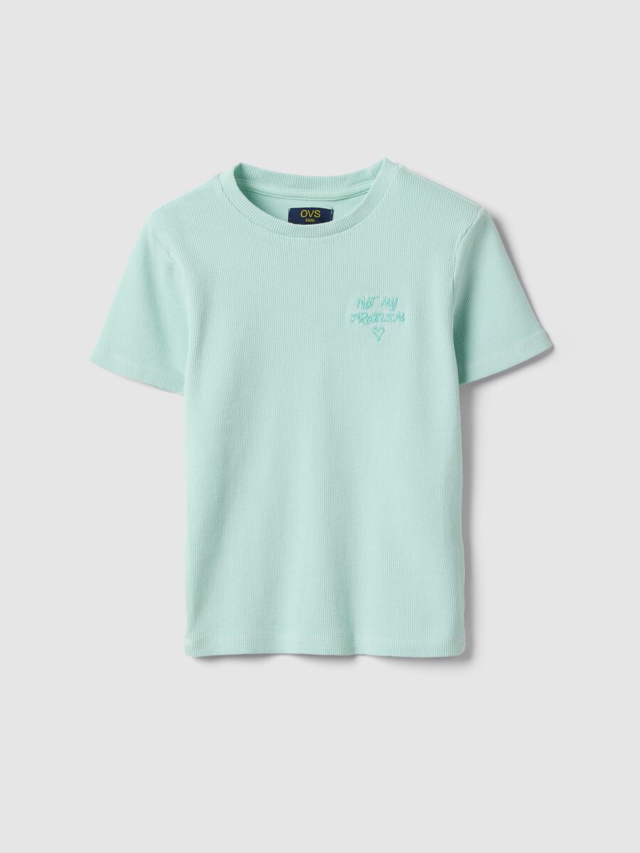 Blue fitted cotton stretch T-shirt for girls with embroidery_0
