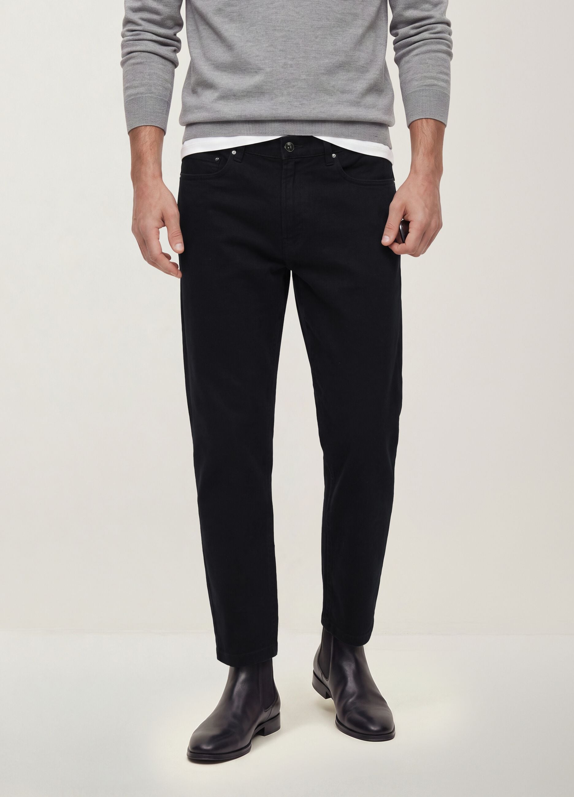 Black straight-leg trousers in stretch cotton twill