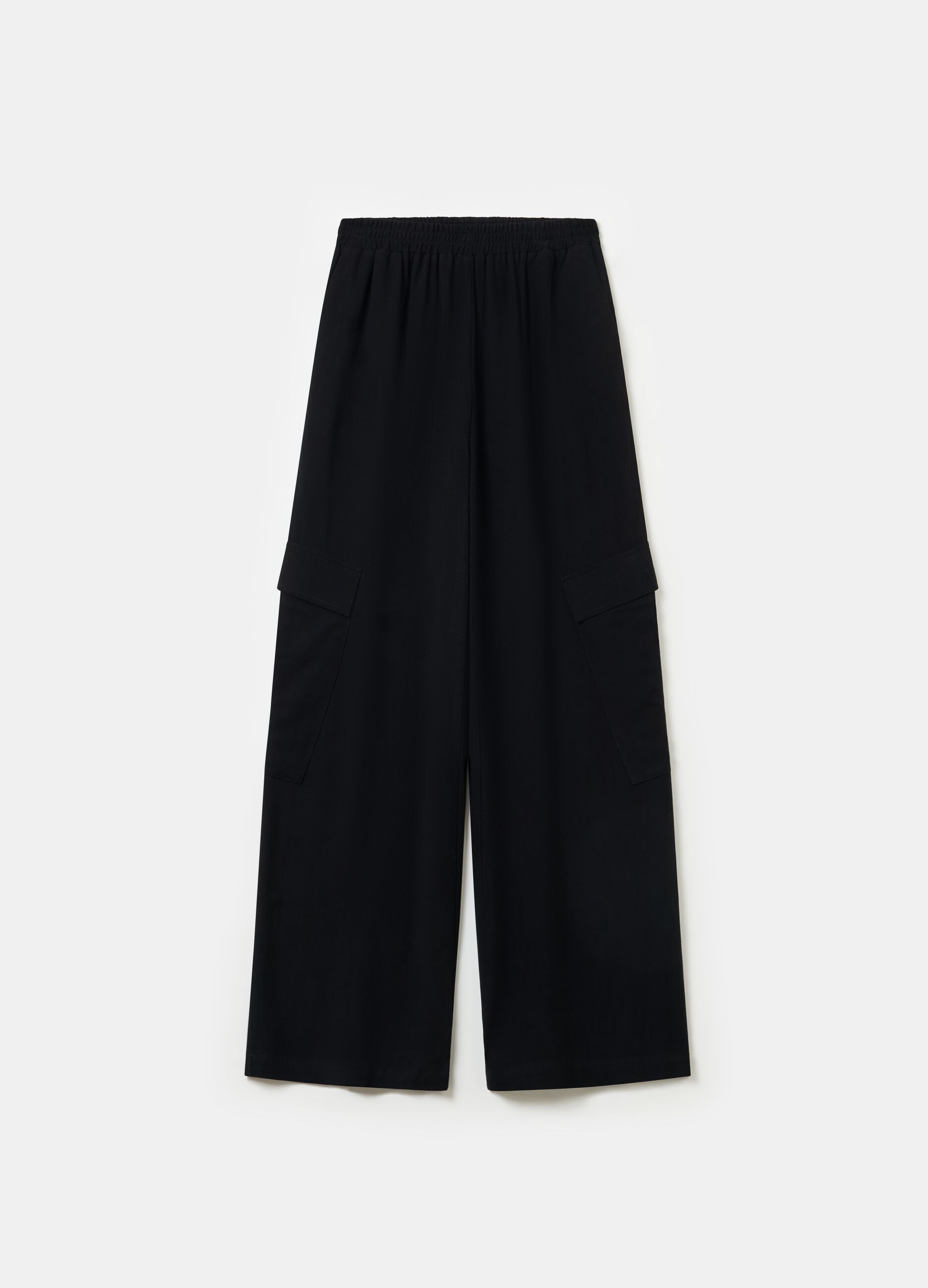 Wide-Leg Linen Cargo Trousers Black