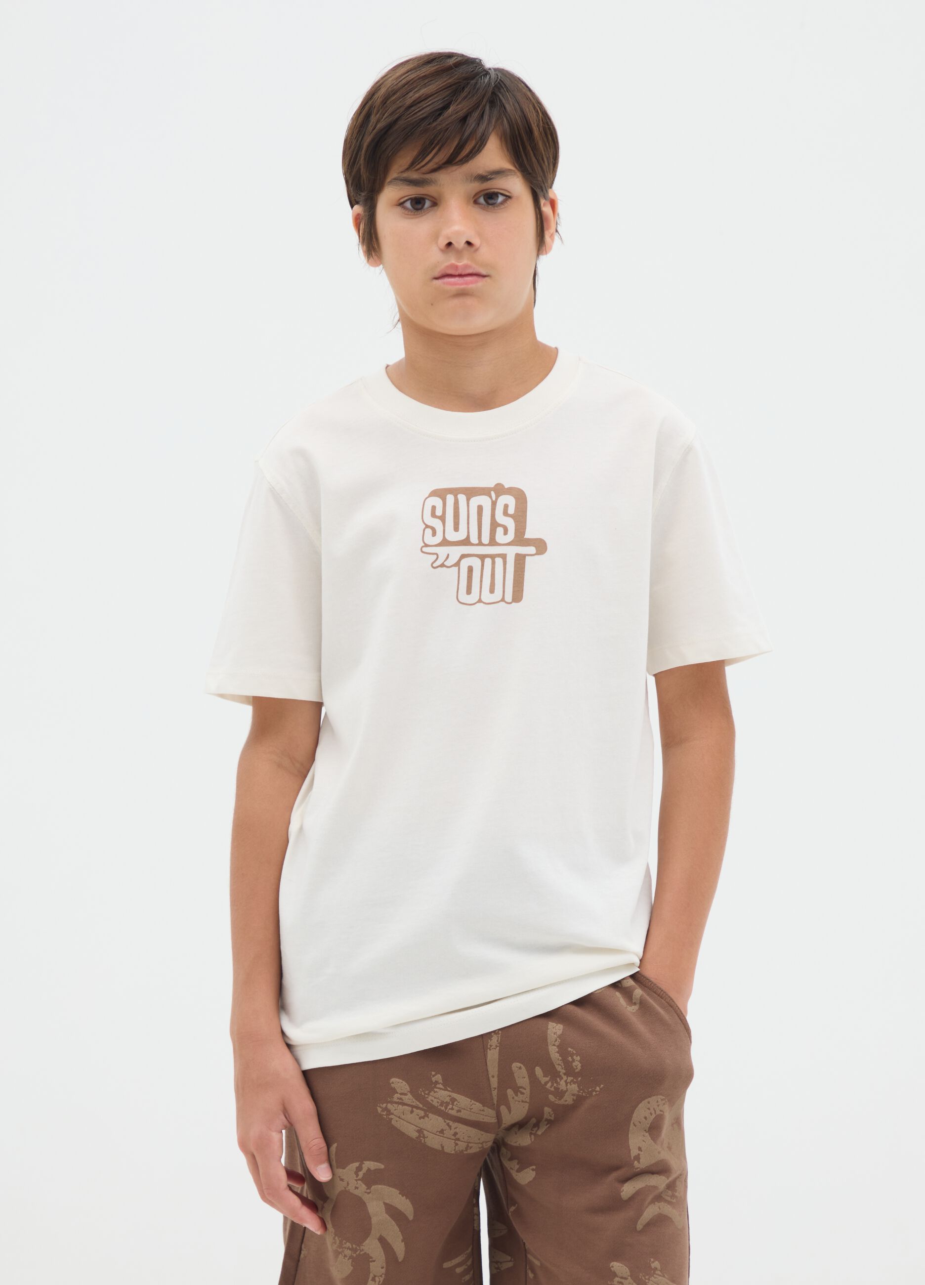 Boys' pure cotton white T-shirt regular fit with print