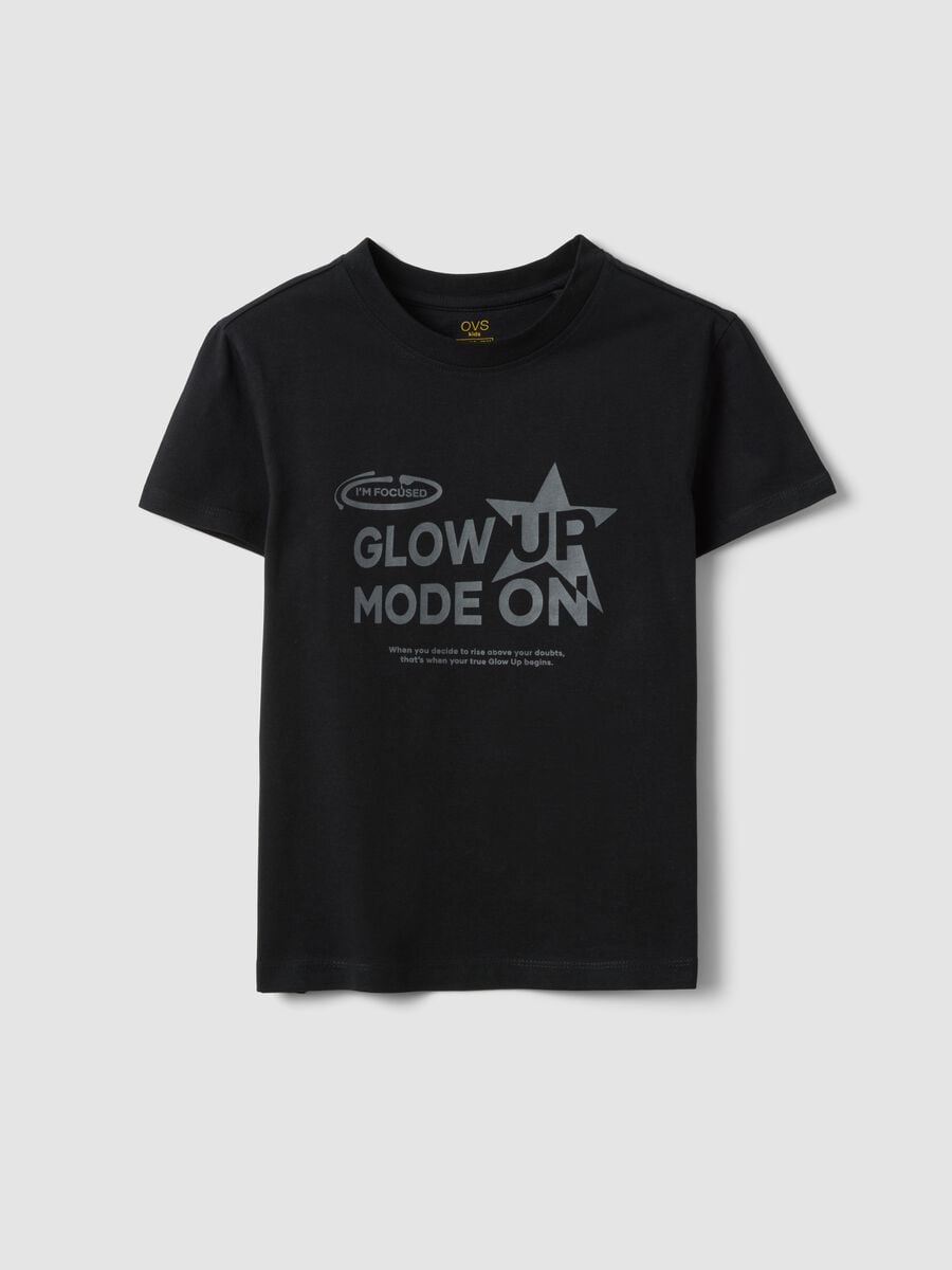 T-shirt nera in puro cotone organico con grafica argentata per ragazza_0