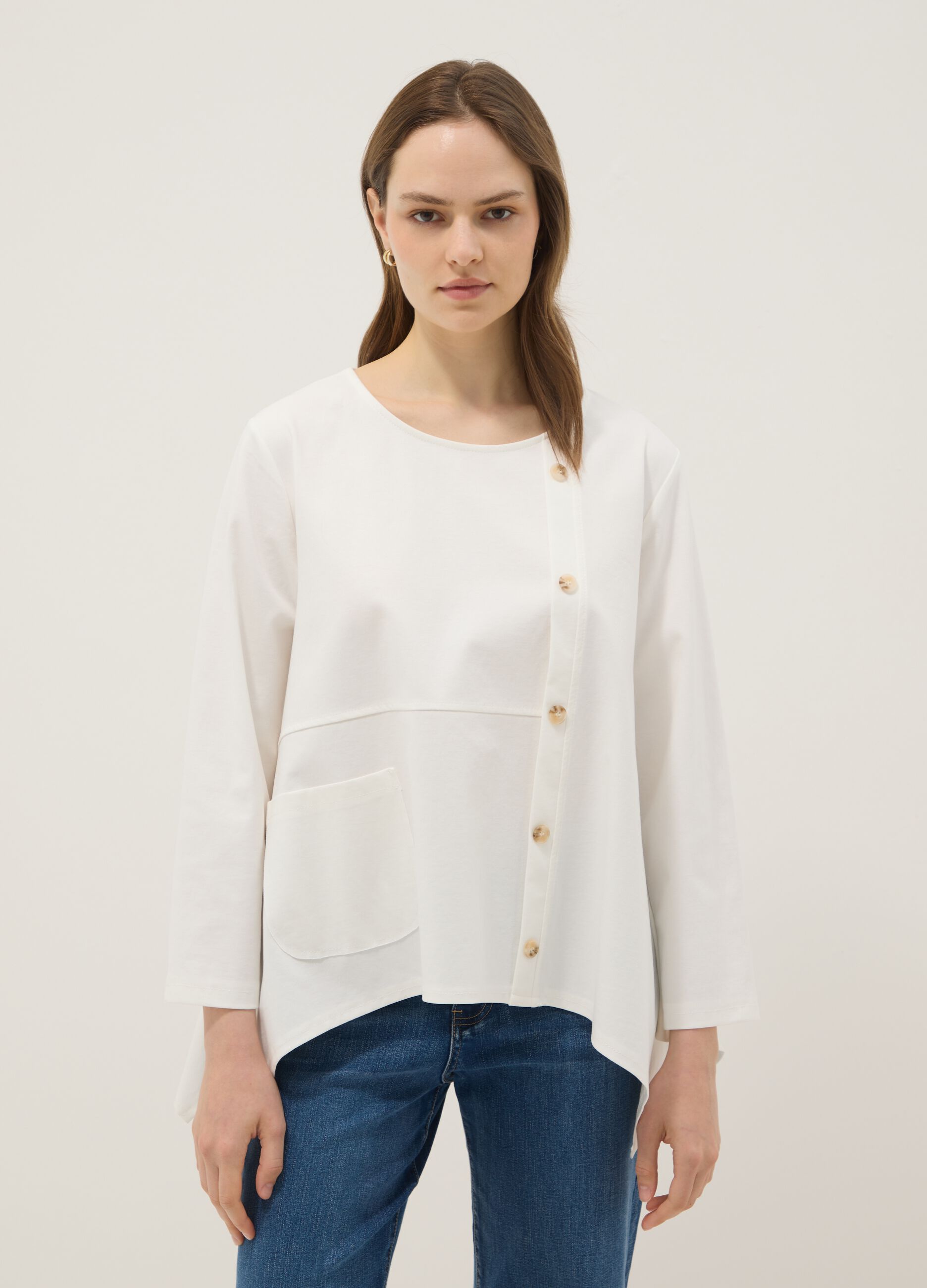 White stretch cotton button-up blouse, regular fit