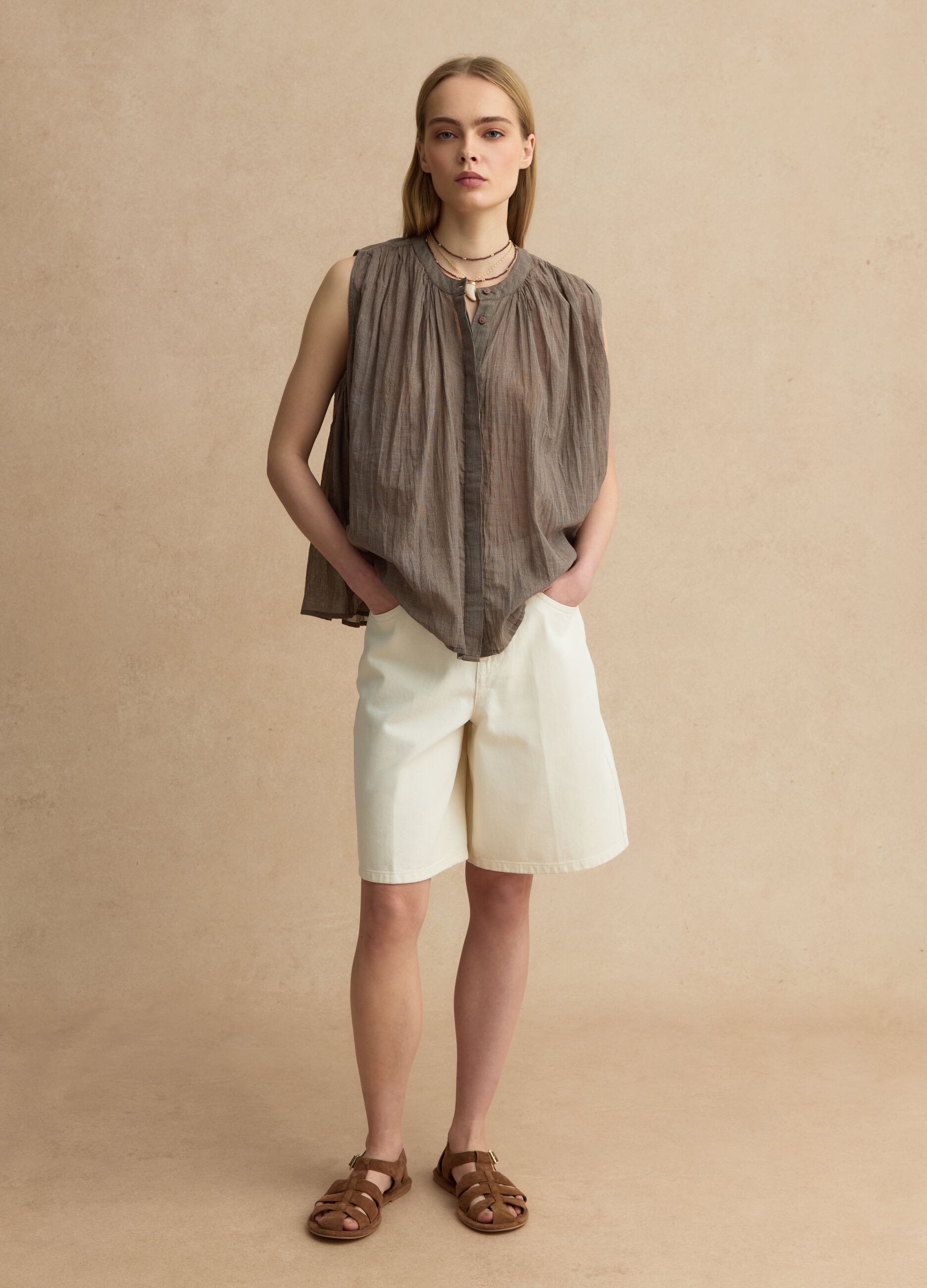 Brown Pure Cotton Sleeveless Blouse Regular Fit