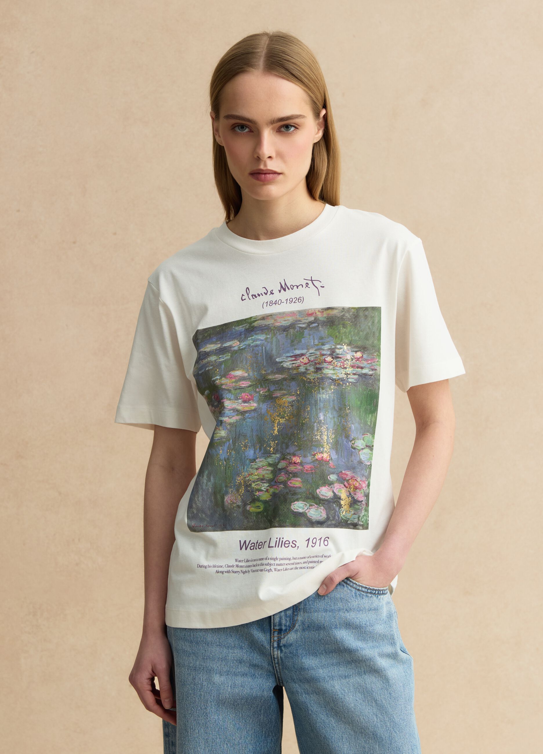 White pure cotton regular fit T-shirt with Monet print