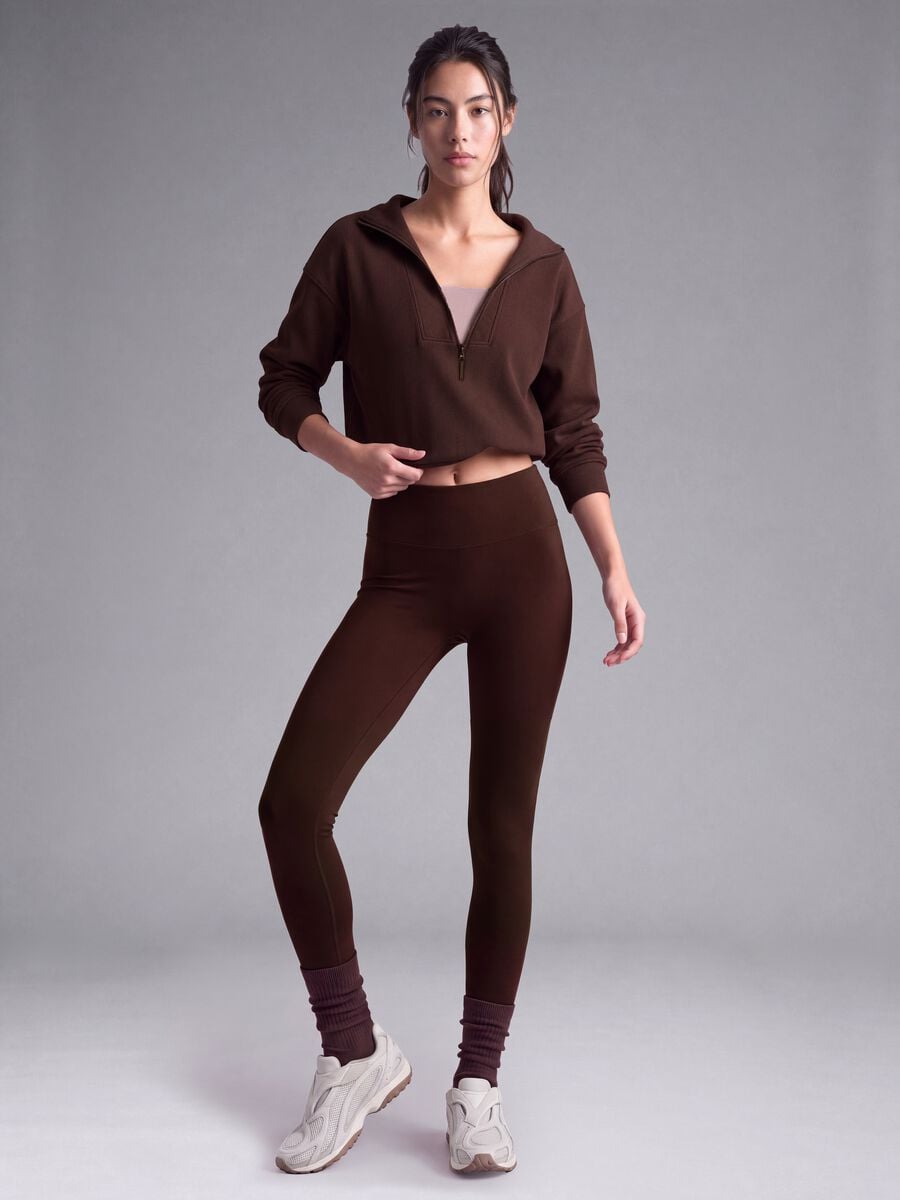Leggings marroni in tessuto elasticizzato a vita alta_1