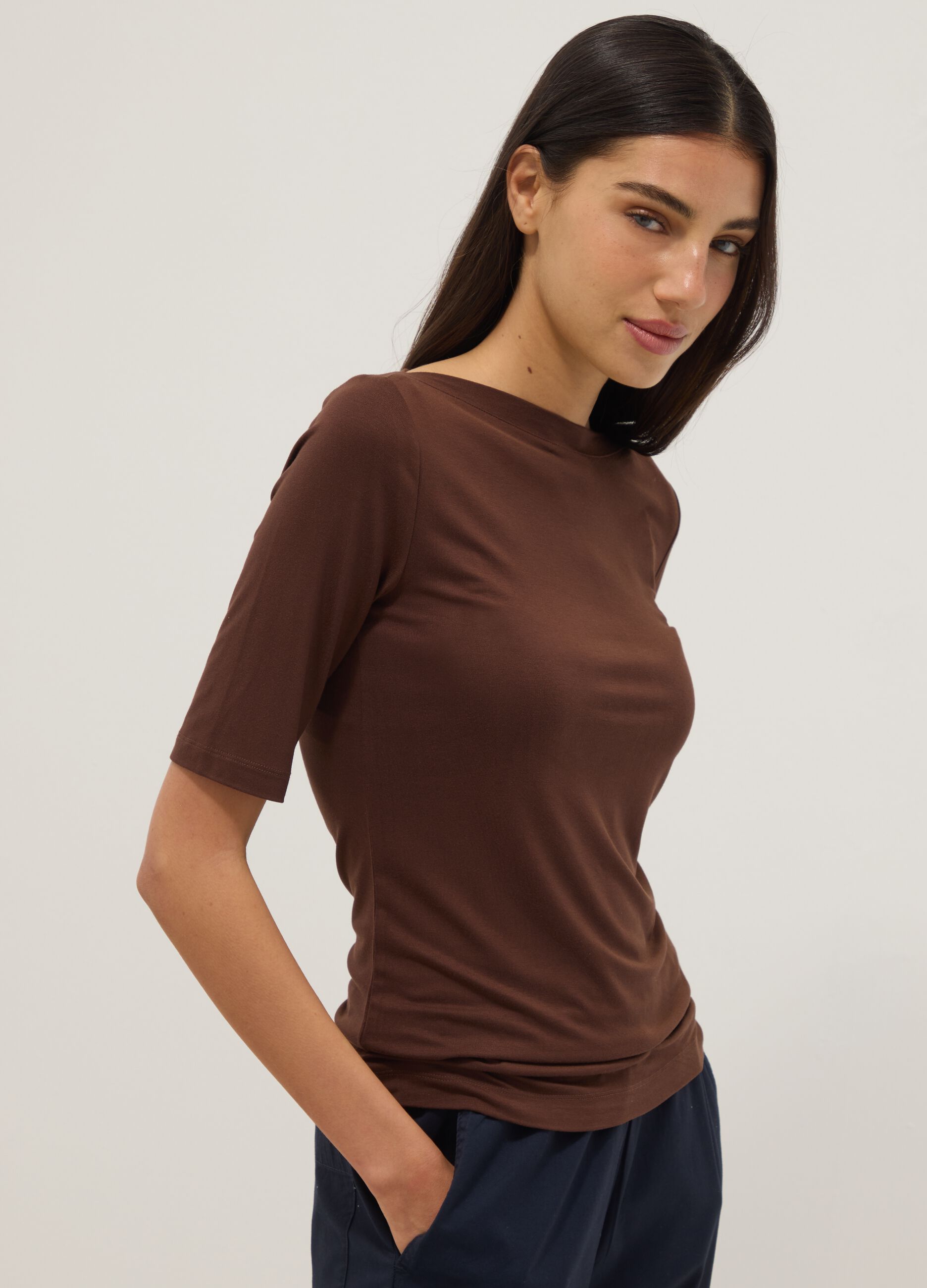 Brown stretch viscose t-shirt regular fit with boat neckline