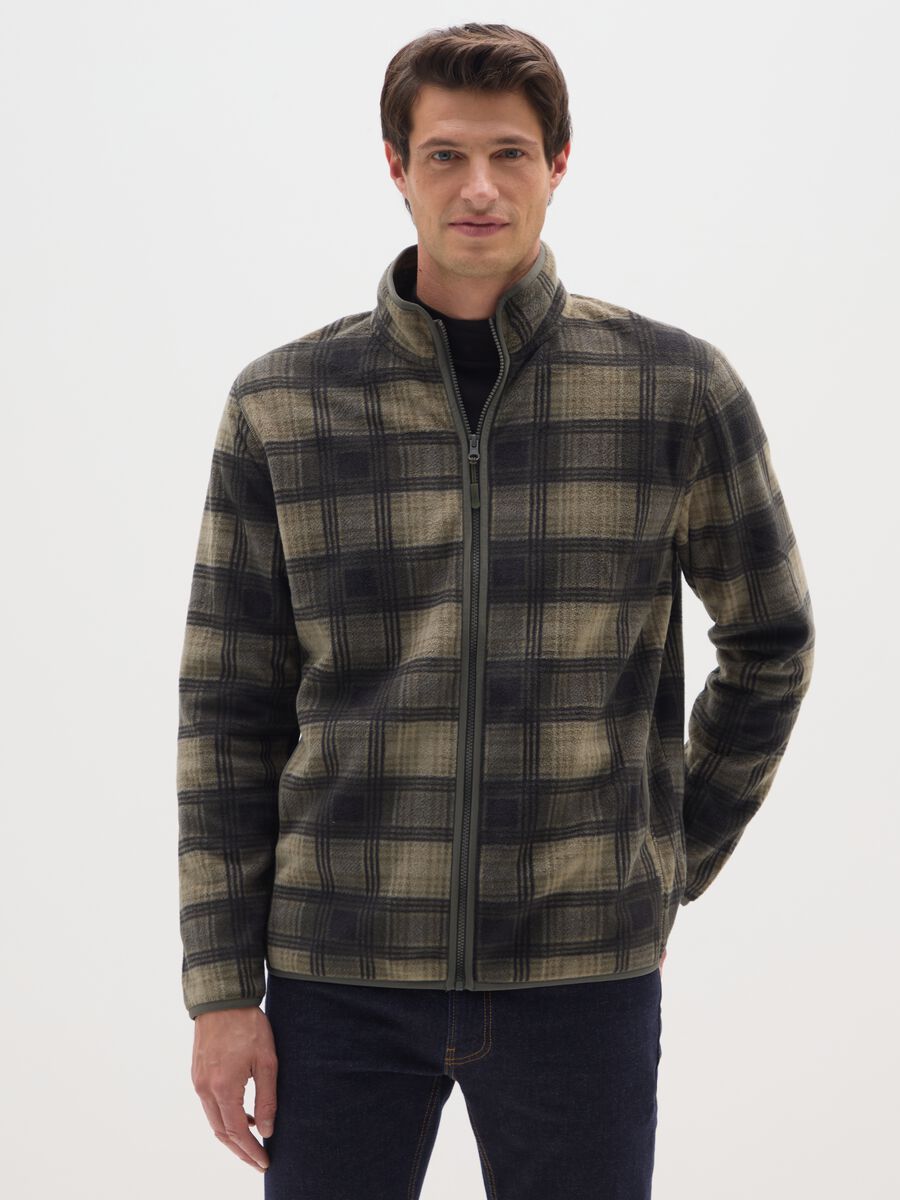 Multicolour check regular fit zip polar fleece high neck jumper_0