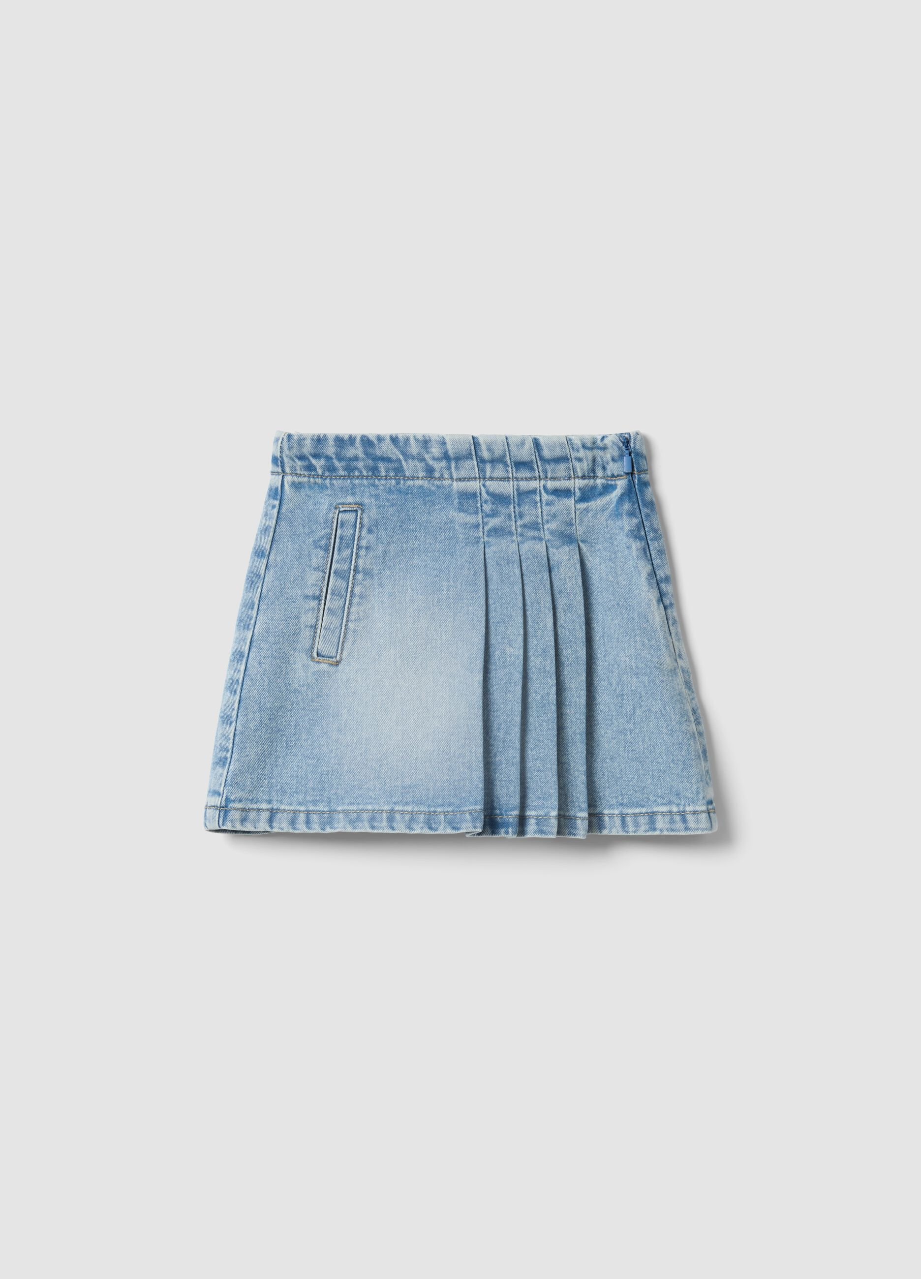 Light blue pleated denim skirt in pure cotton for girls