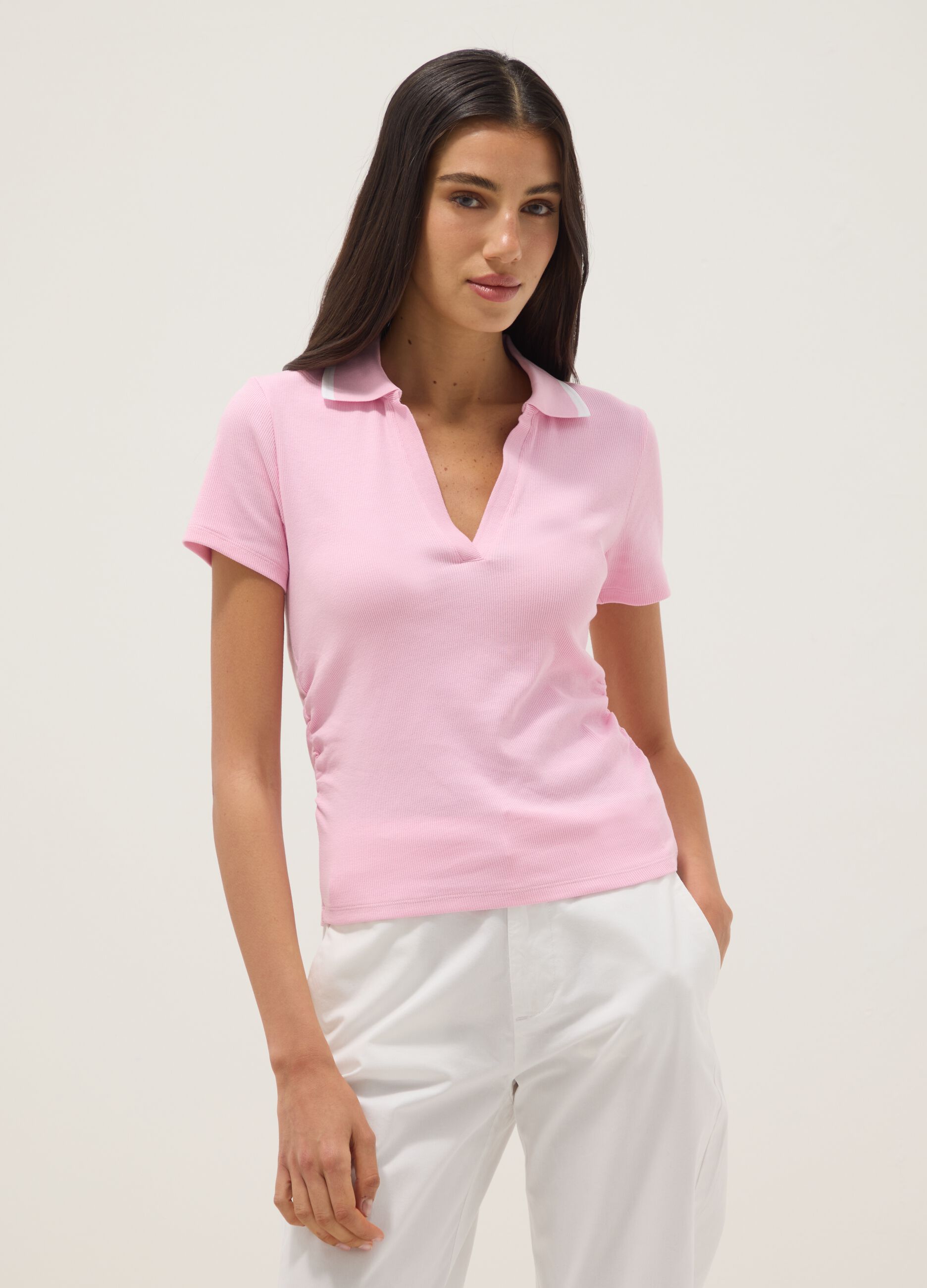 Pink stretch cotton short-sleeve polo shirt, regular fit