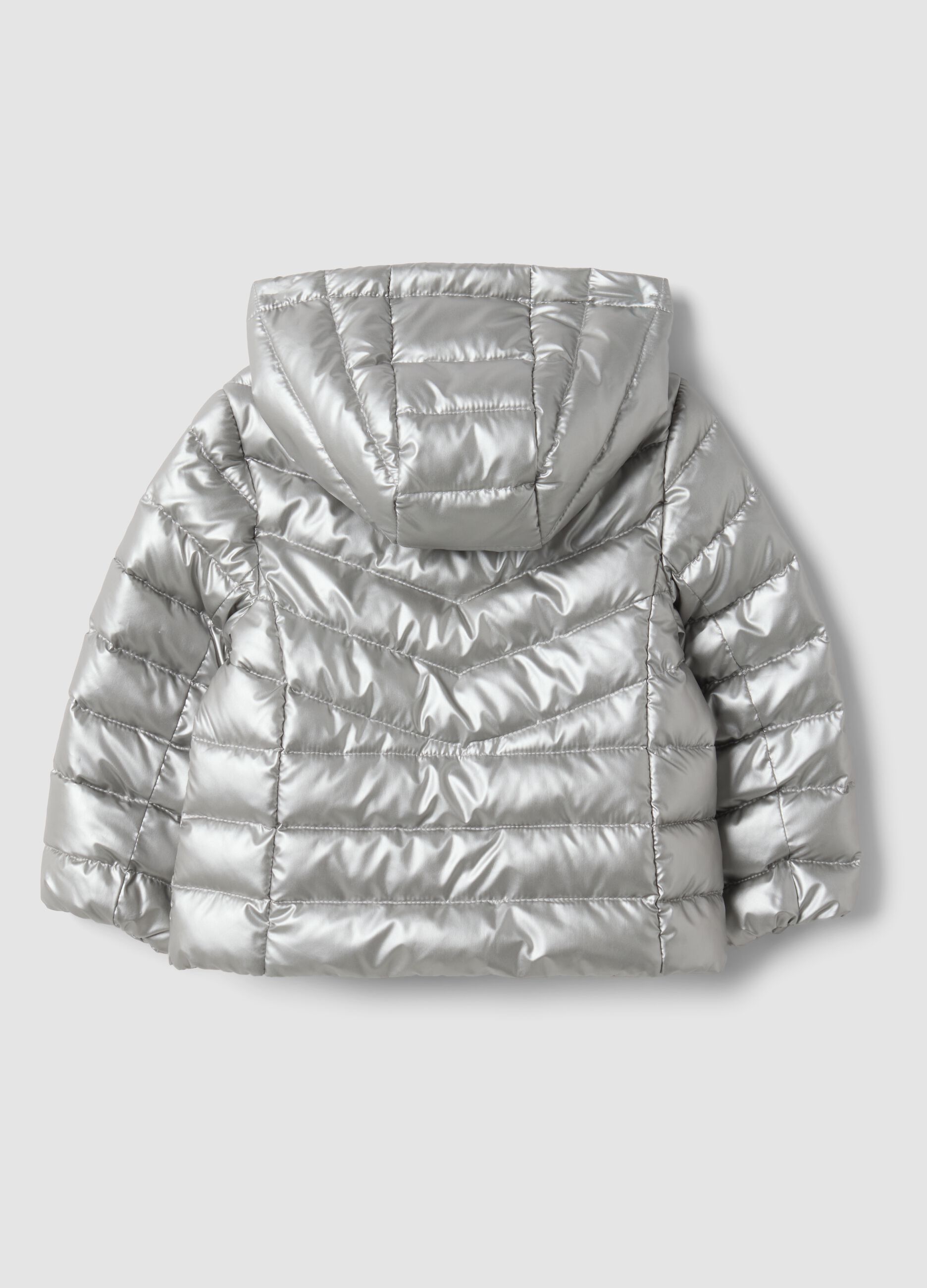 Grey ultralight hooded puffer jacket with zip for baby girl