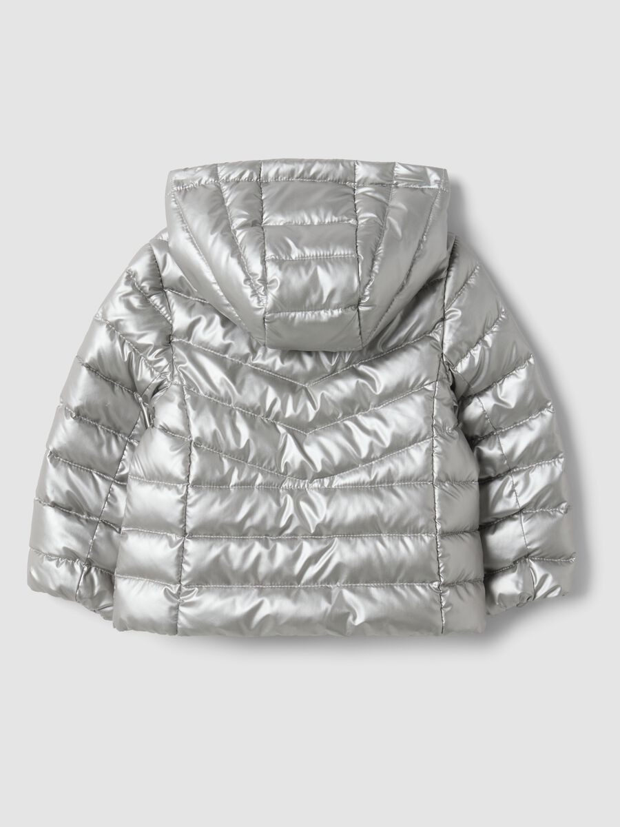 Grey ultralight hooded puffer jacket with zip for baby girl_1