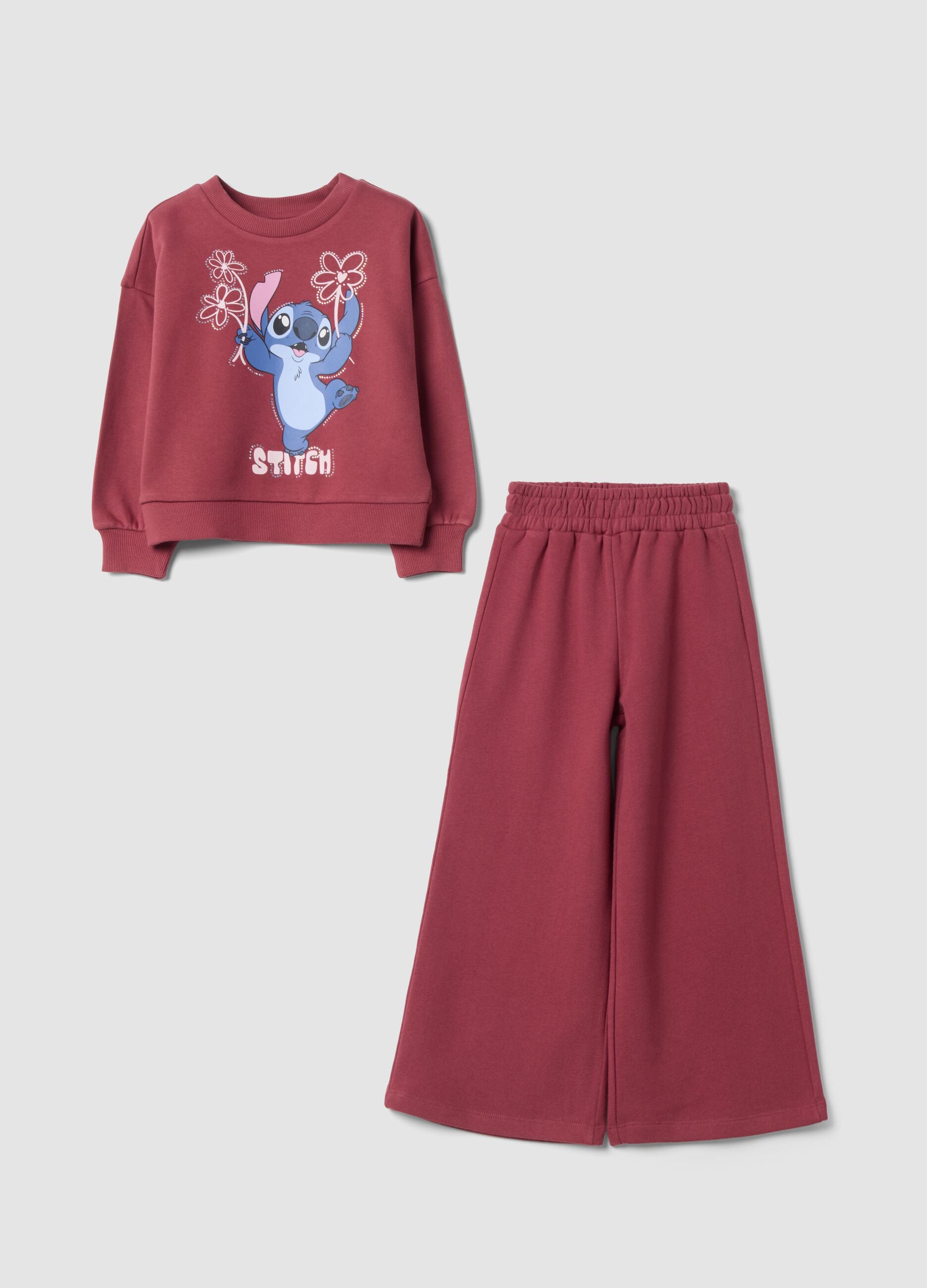 Red cotton-blend jogging set with sweatshirt and Lilo & Stitch print