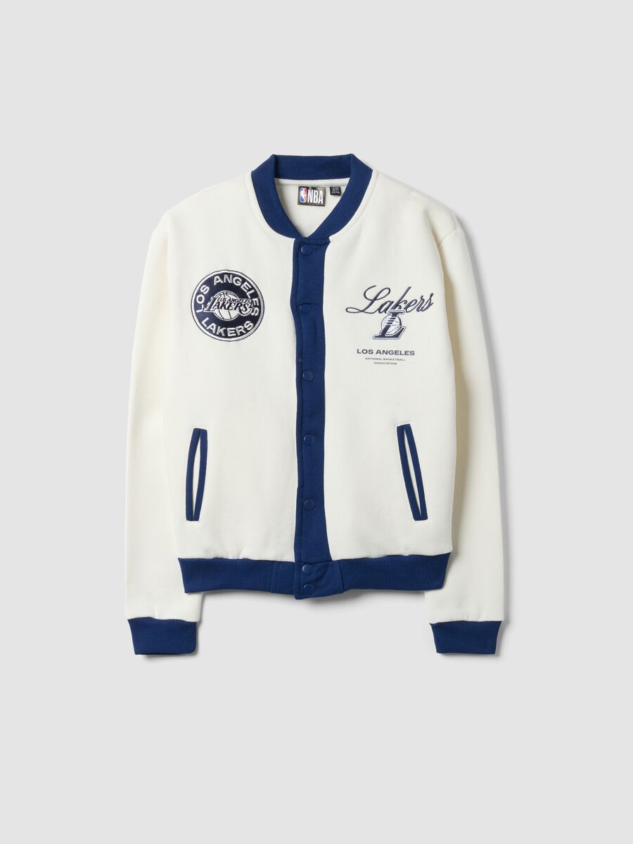 Beige cotton-blend sweatshirt with snap buttons and Lakers print_0