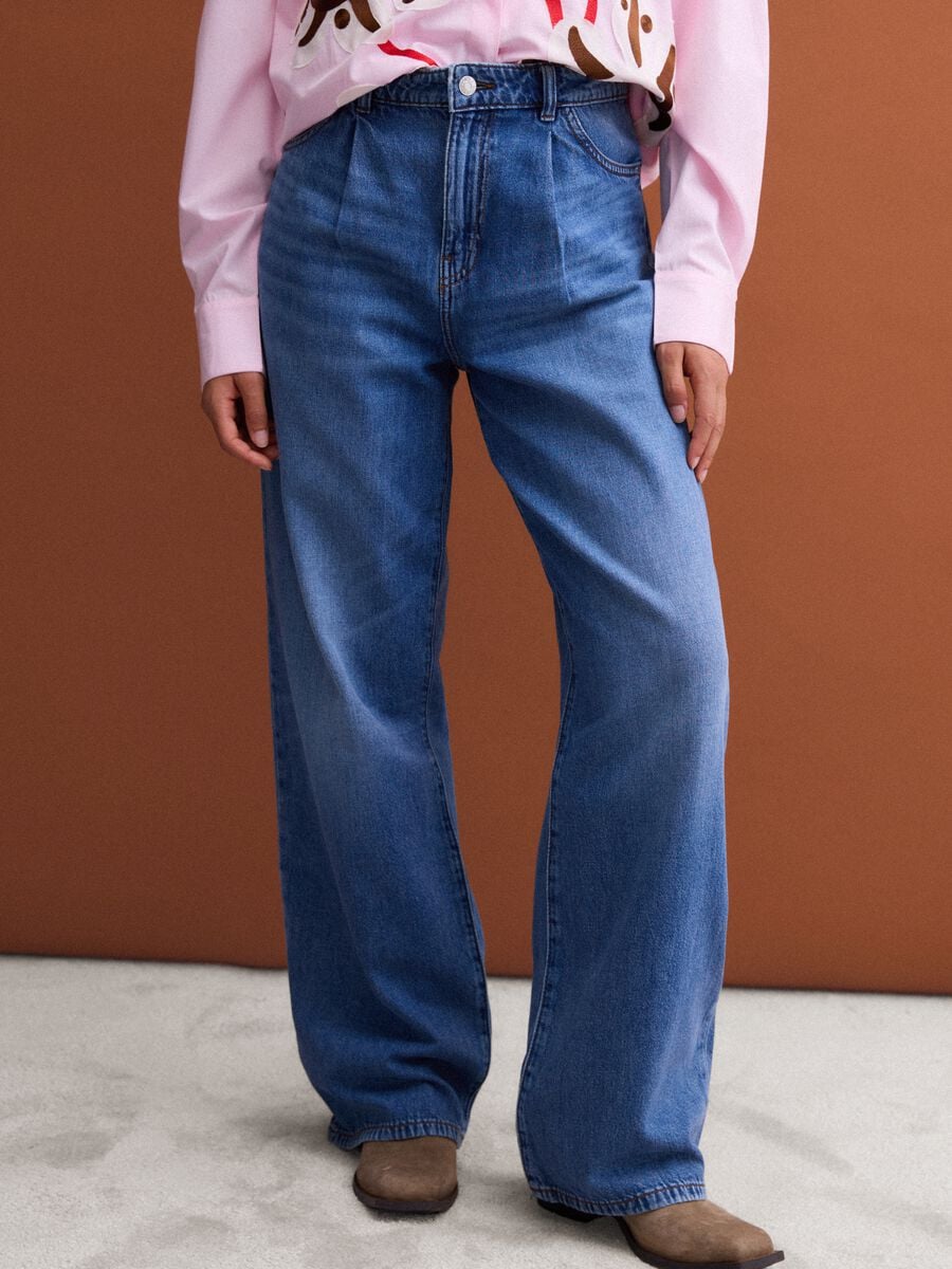 Jeans blu wide leg a vita alta in puro cotone_1
