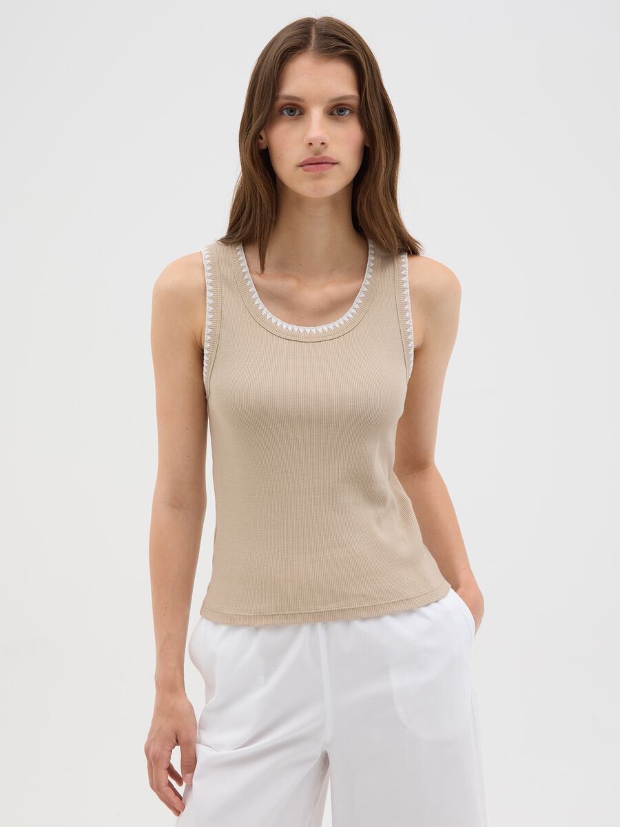 Beige stretch cotton women's tank top_0