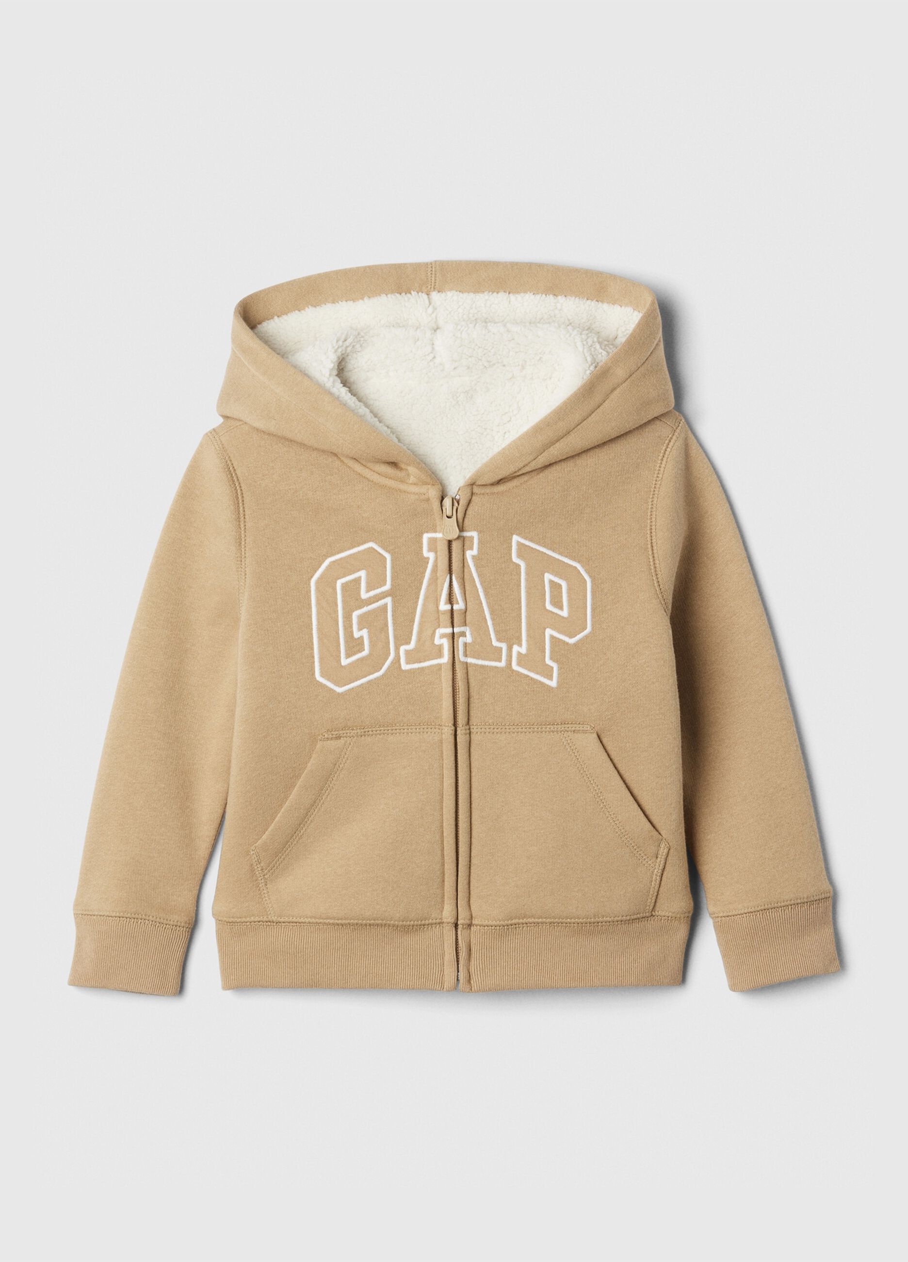 Full-zip sweatshirt and hood with sherpa lining
