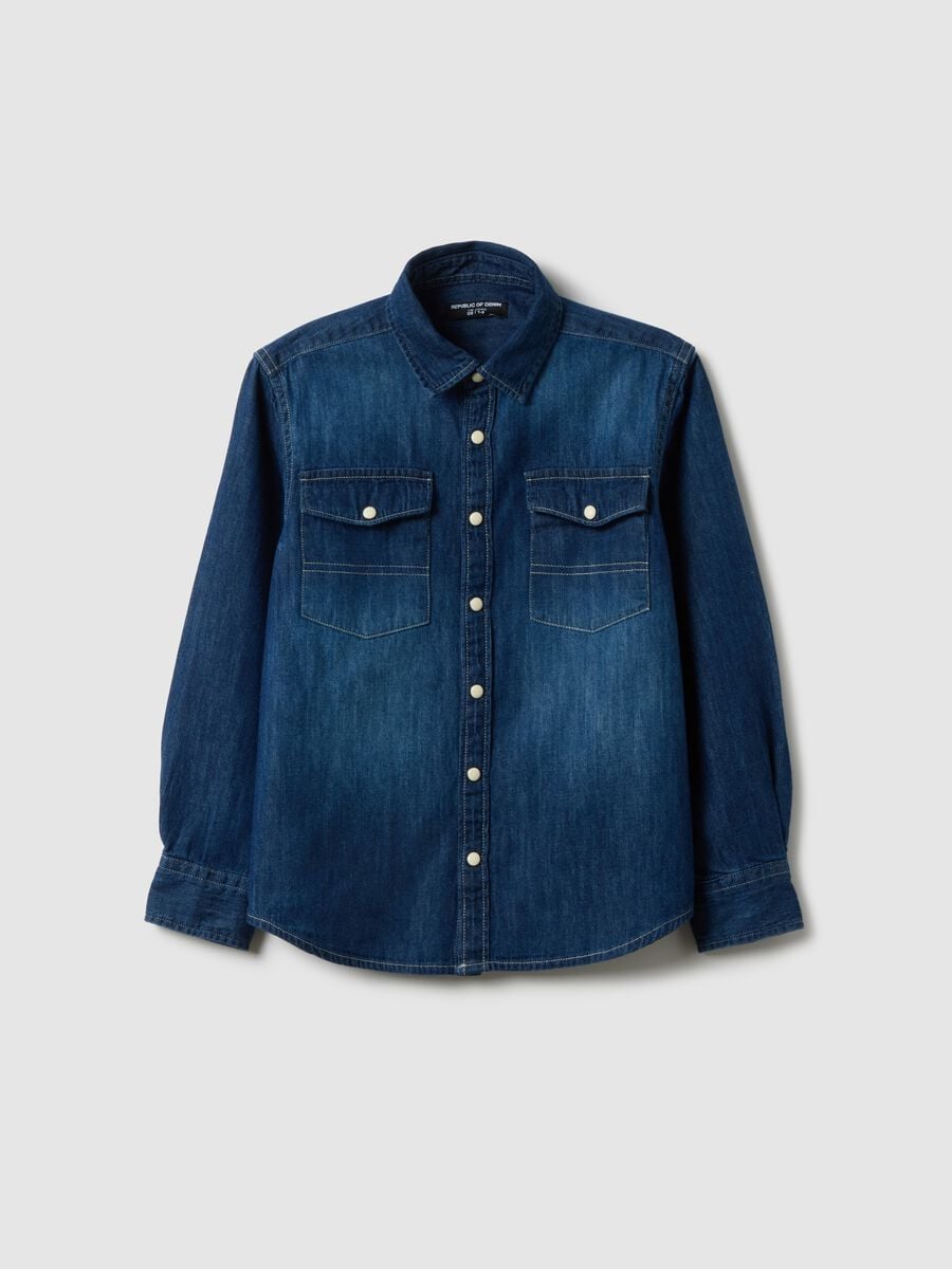 Camicia in puro cotone denim blu da bambino regular fit_0