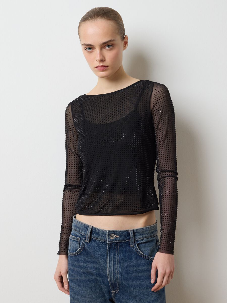 Black regular fit top with transparent sleeves_1