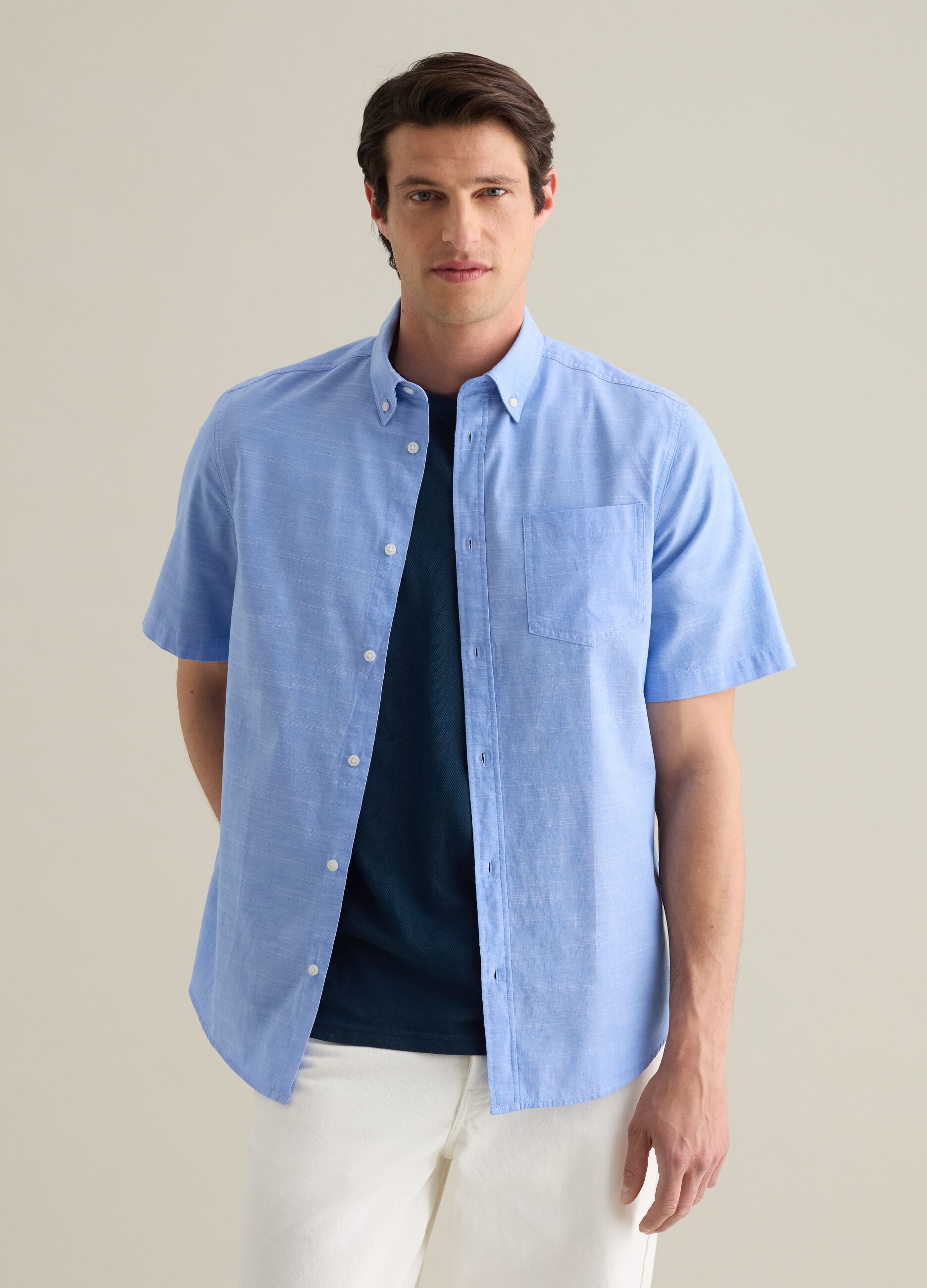 Men's blue pure cotton regular fit shirt with patch pocket