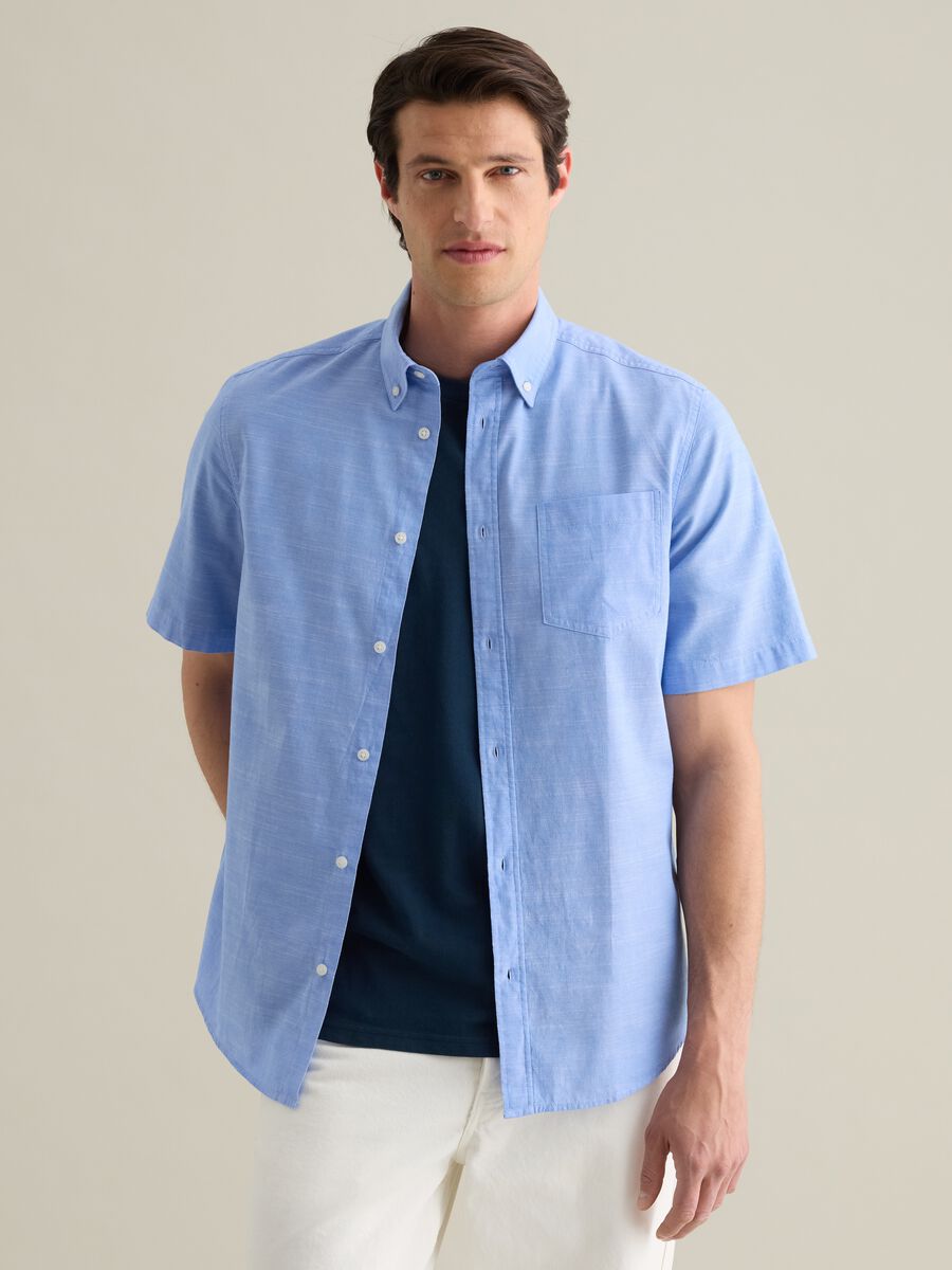Men's blue pure cotton regular fit shirt with patch pocket_0