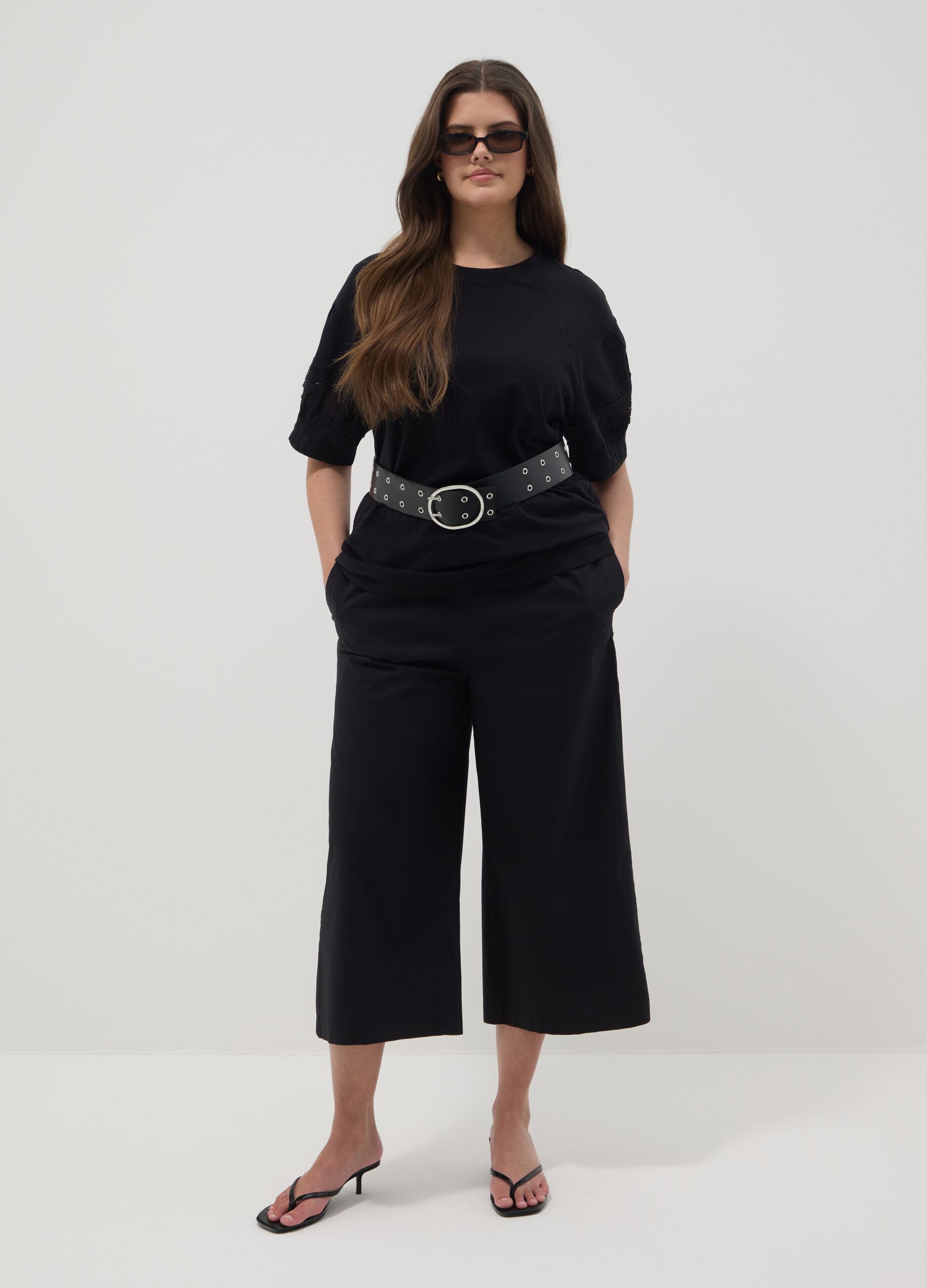Black stretch cotton wide-leg trousers