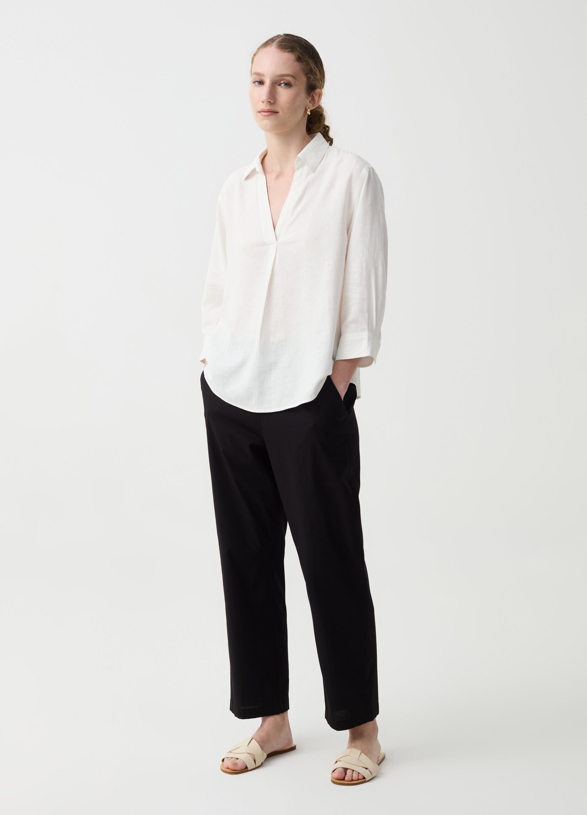 Wide-leg cropped trousers in stretch cotton
