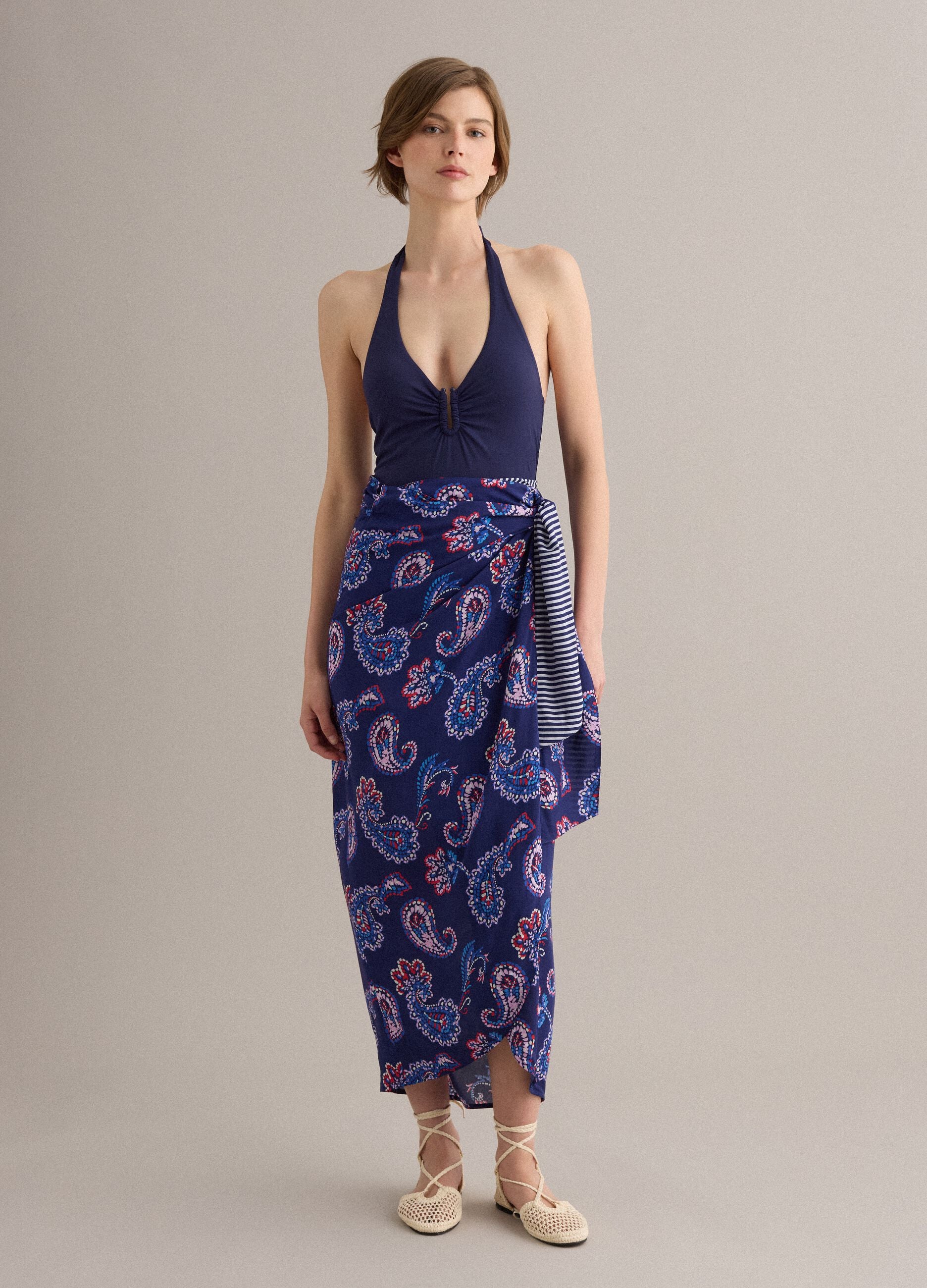 Blue pure viscose pareo with paisley print