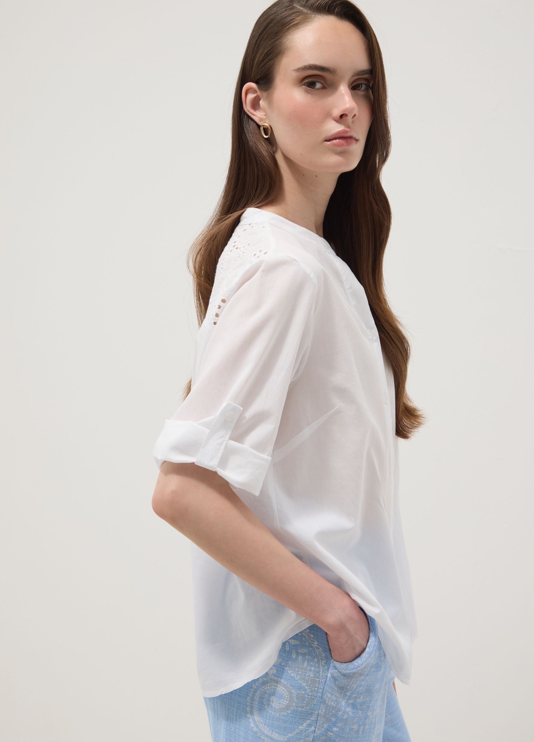 White pure cotton shirt with broderie anglaise embroidery, regular fit