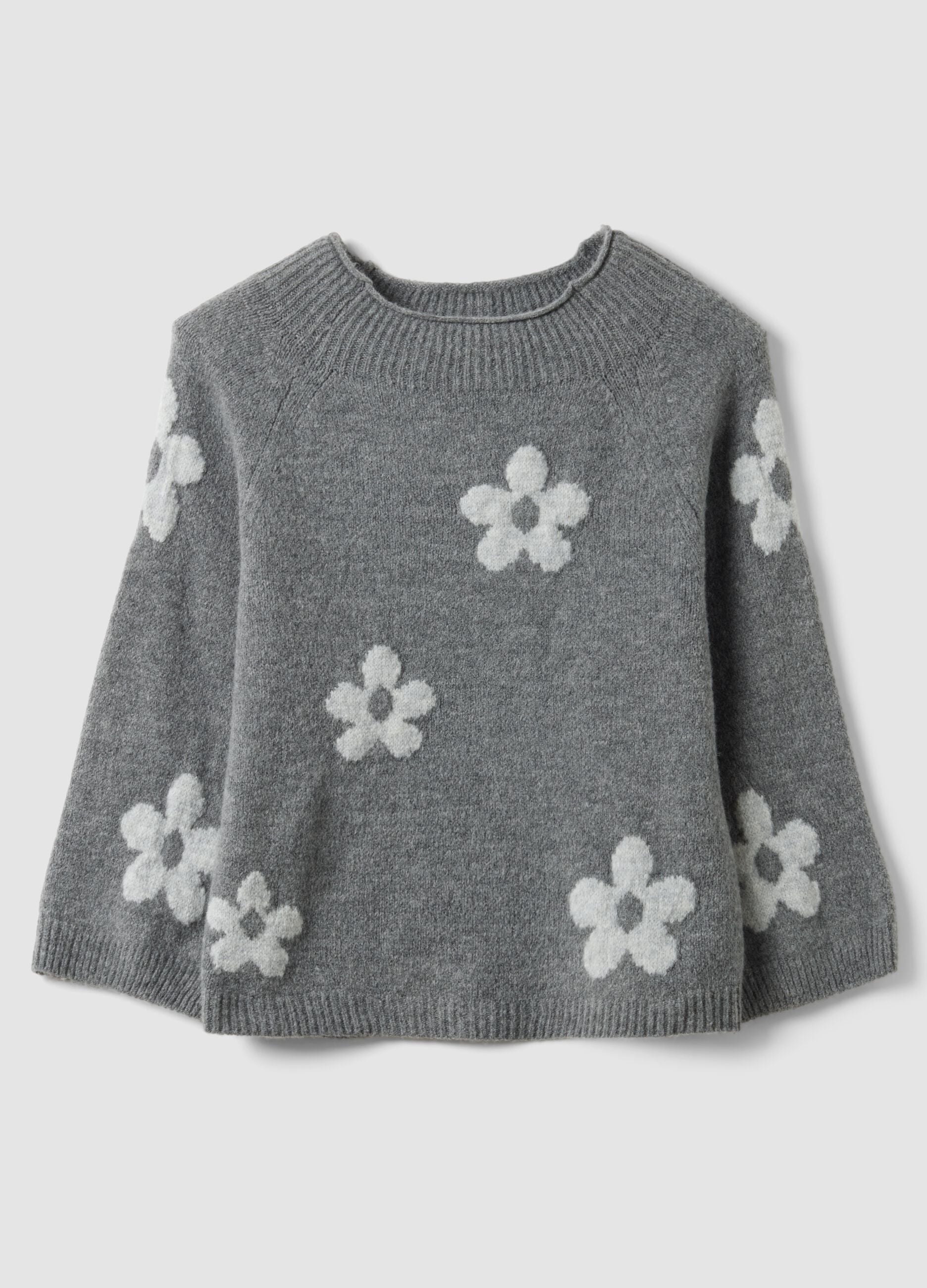 Grey wool-blend jumper with floral pattern, regular fit